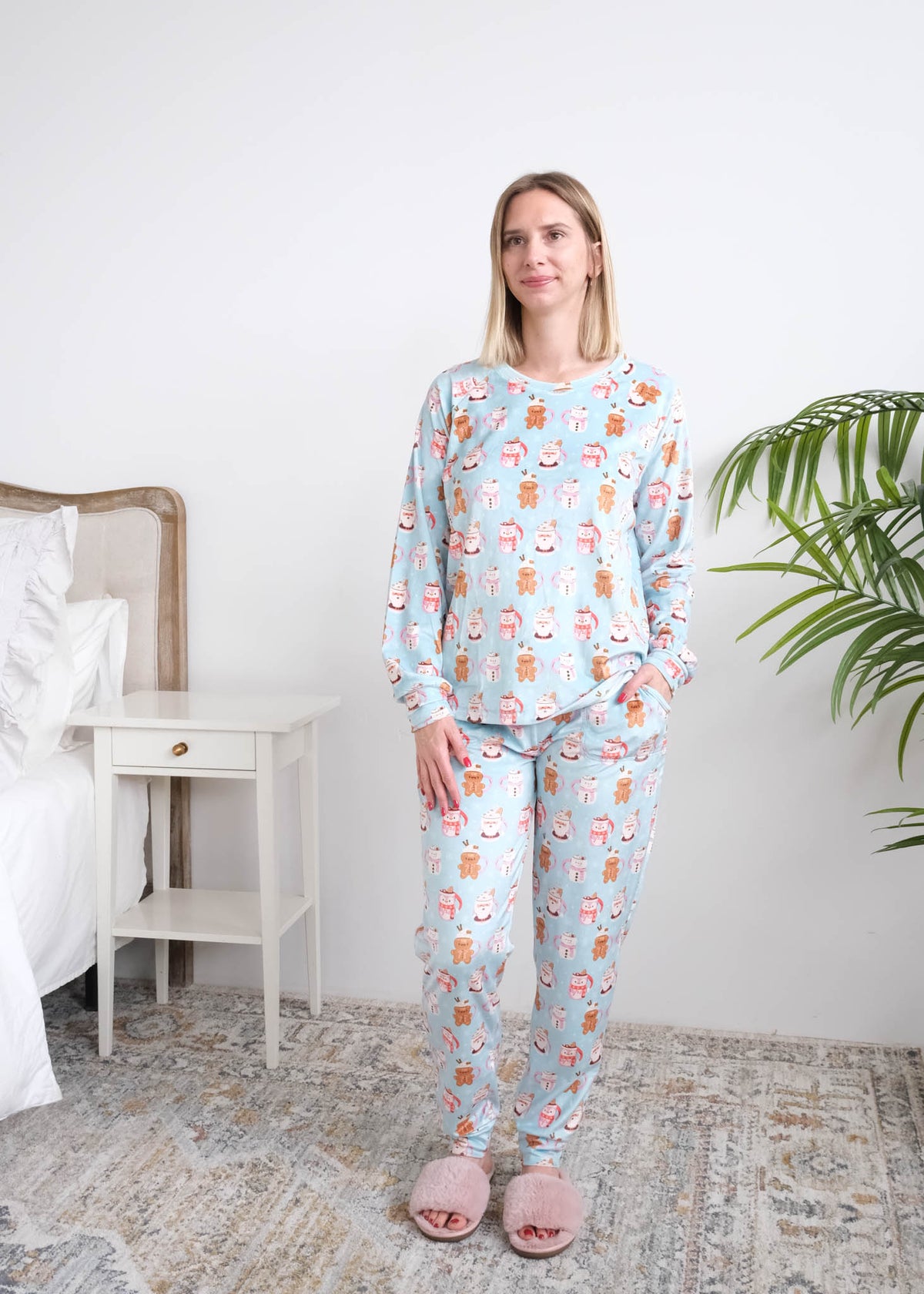 Miranda Nic Coffee and Cocoa Velour PJ Set full length untucked front view on model — Cloud Nine Pajamas Edmonton