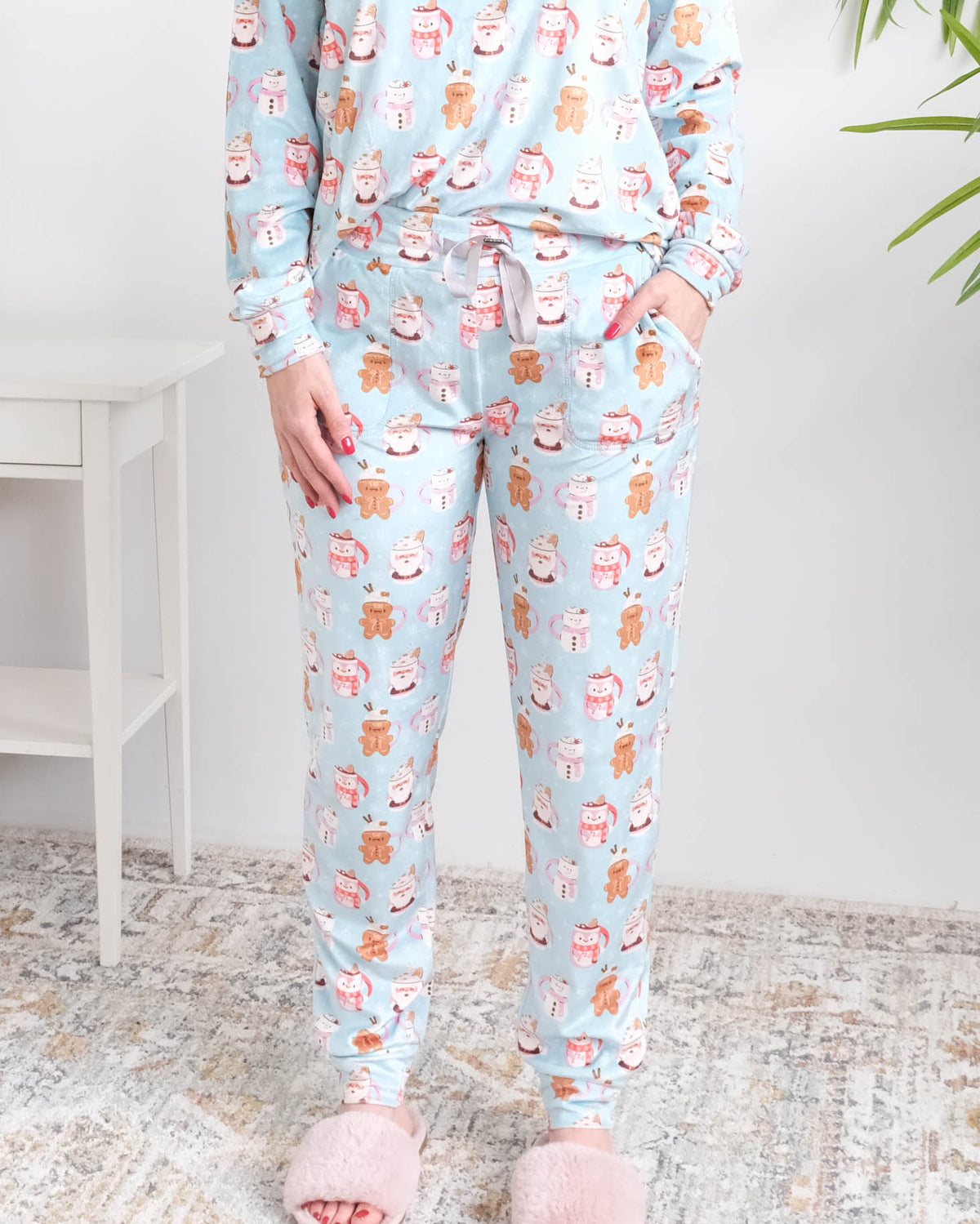 Miranda Nic Coffee and Cocoa Velour PJ Set drawstring waist detail — Cloud Nine Pajamas Edmonton
