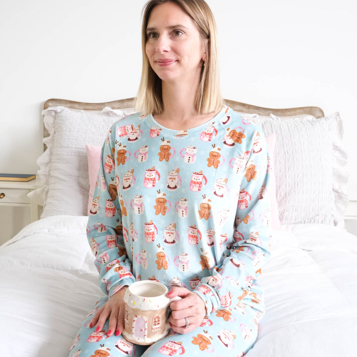 Miranda Nic Coffee and Cocoa Velour PJ Set lifestyle seated model — Cloud Nine Pajamas Edmonton