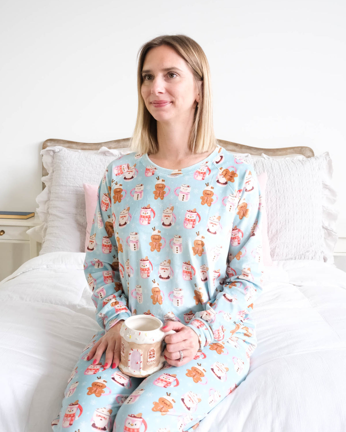 Miranda Nic Coffee and Cocoa Velour PJ Set lifestyle seated model — Cloud Nine Pajamas Edmonton