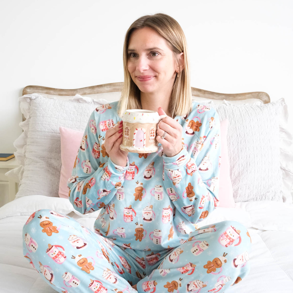 Miranda Nic Coffee and Cocoa Velvety Velour Jogger PJ Set lifestyle front view — Cloud Nine Pajamas Edmonton
