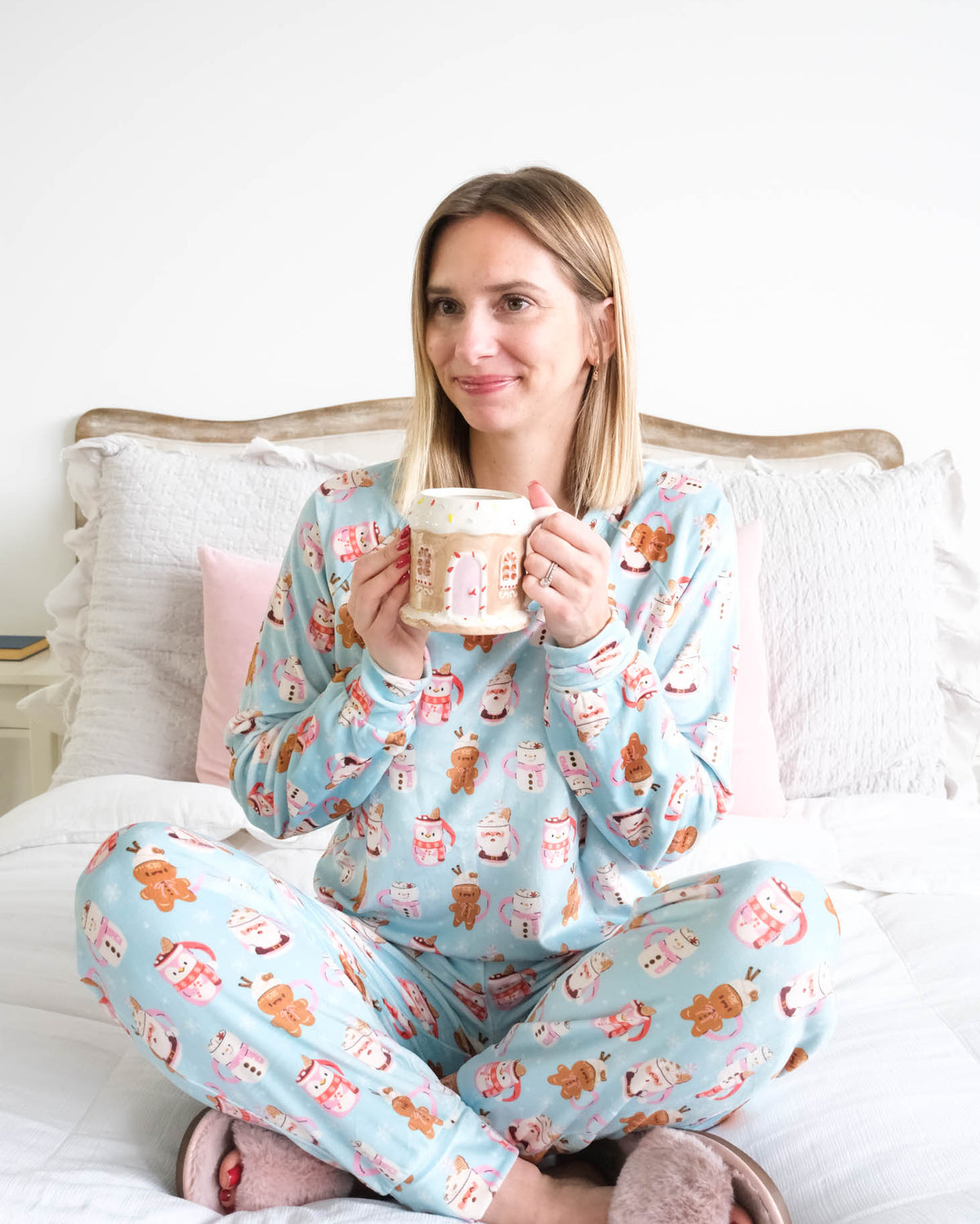 Miranda Nic Coffee and Cocoa Velvety Velour Jogger PJ Set lifestyle front view — Cloud Nine Pajamas Edmonton