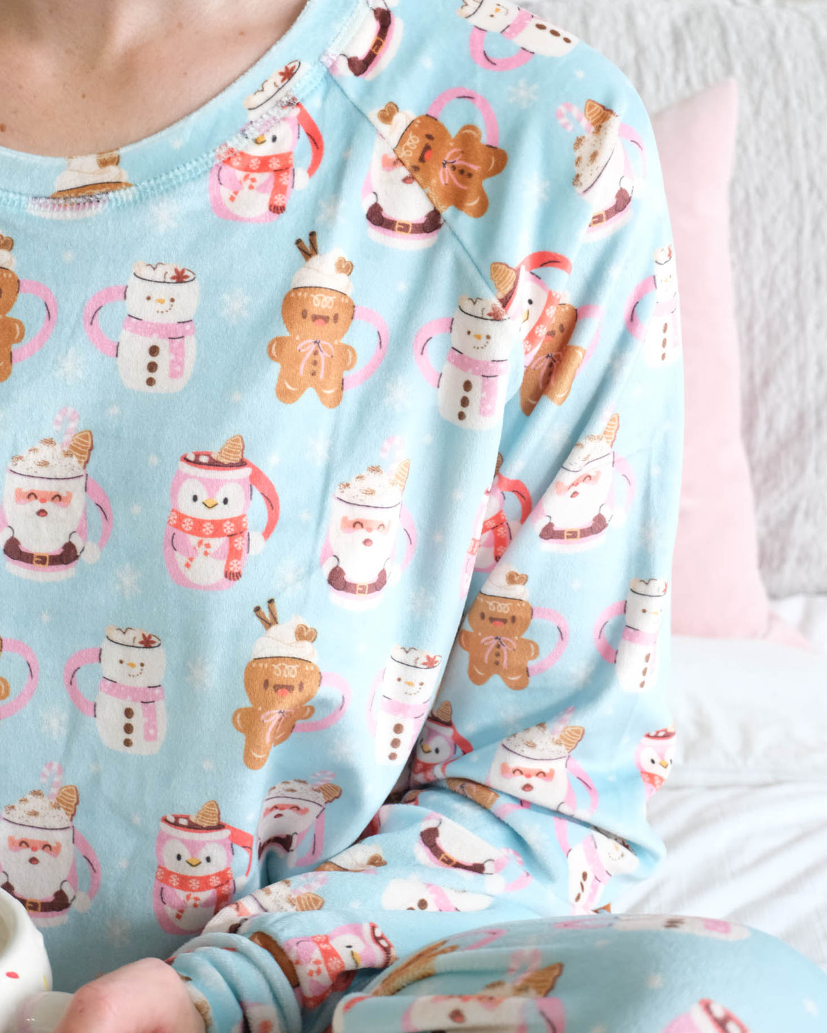 Miranda Nic Coffee and Cocoa Velour PJ Set top detail clean neckline — Cloud Nine Pajamas Edmonton