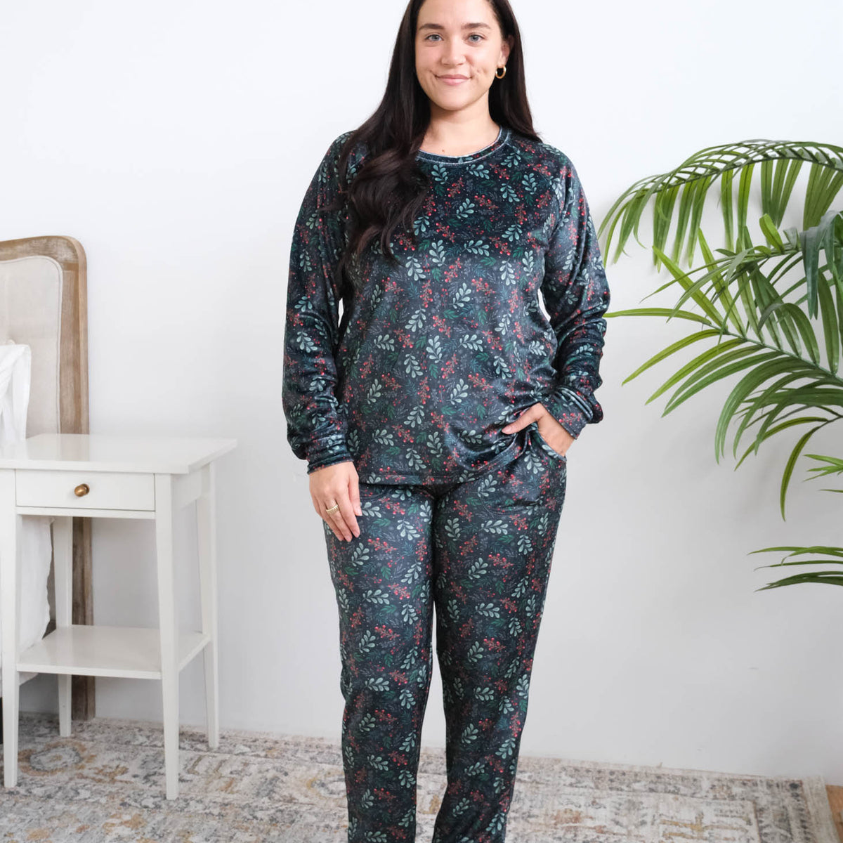 Miranda Nic Evergreen Dreams Velvety Velour Jogger PJ Set lifestyle front view — Cloud Nine Pajamas Edmonton
