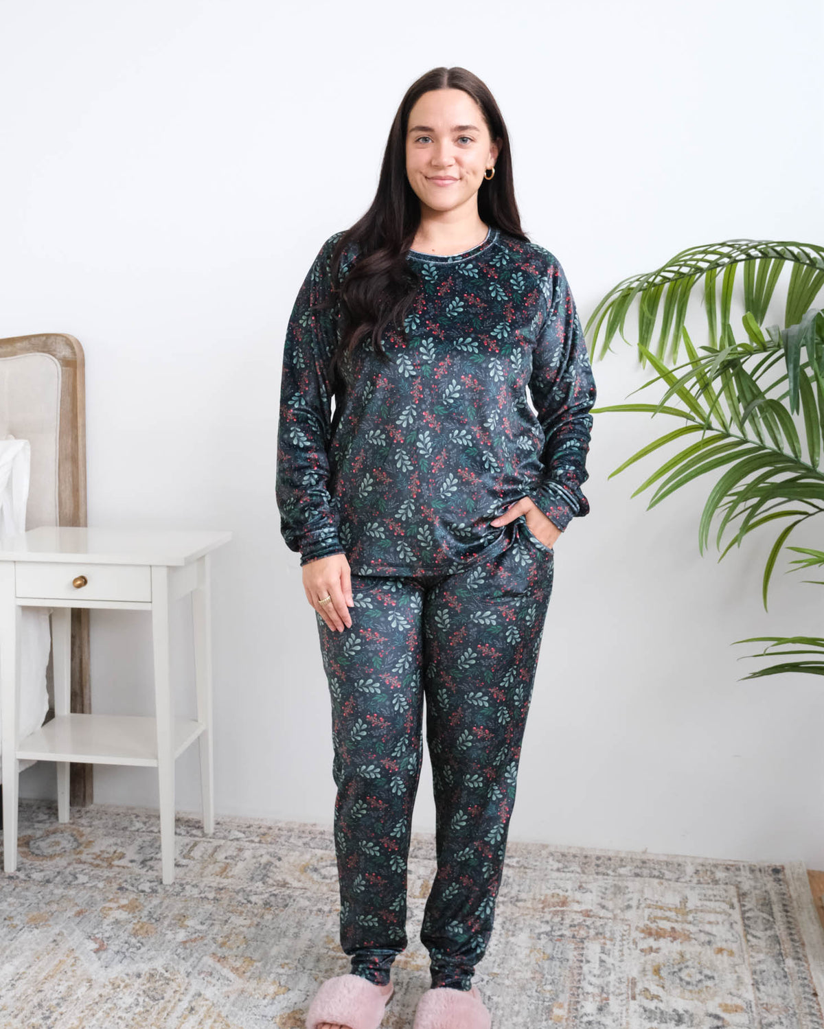 Miranda Nic Evergreen Dreams Velvety Velour Jogger PJ Set lifestyle front view — Cloud Nine Pajamas Edmonton