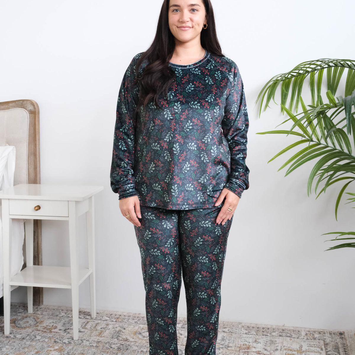 Miranda Nic Evergreen Dreams Velour PJ Set full length front view on model — Cloud Nine Pajamas Edmonton
