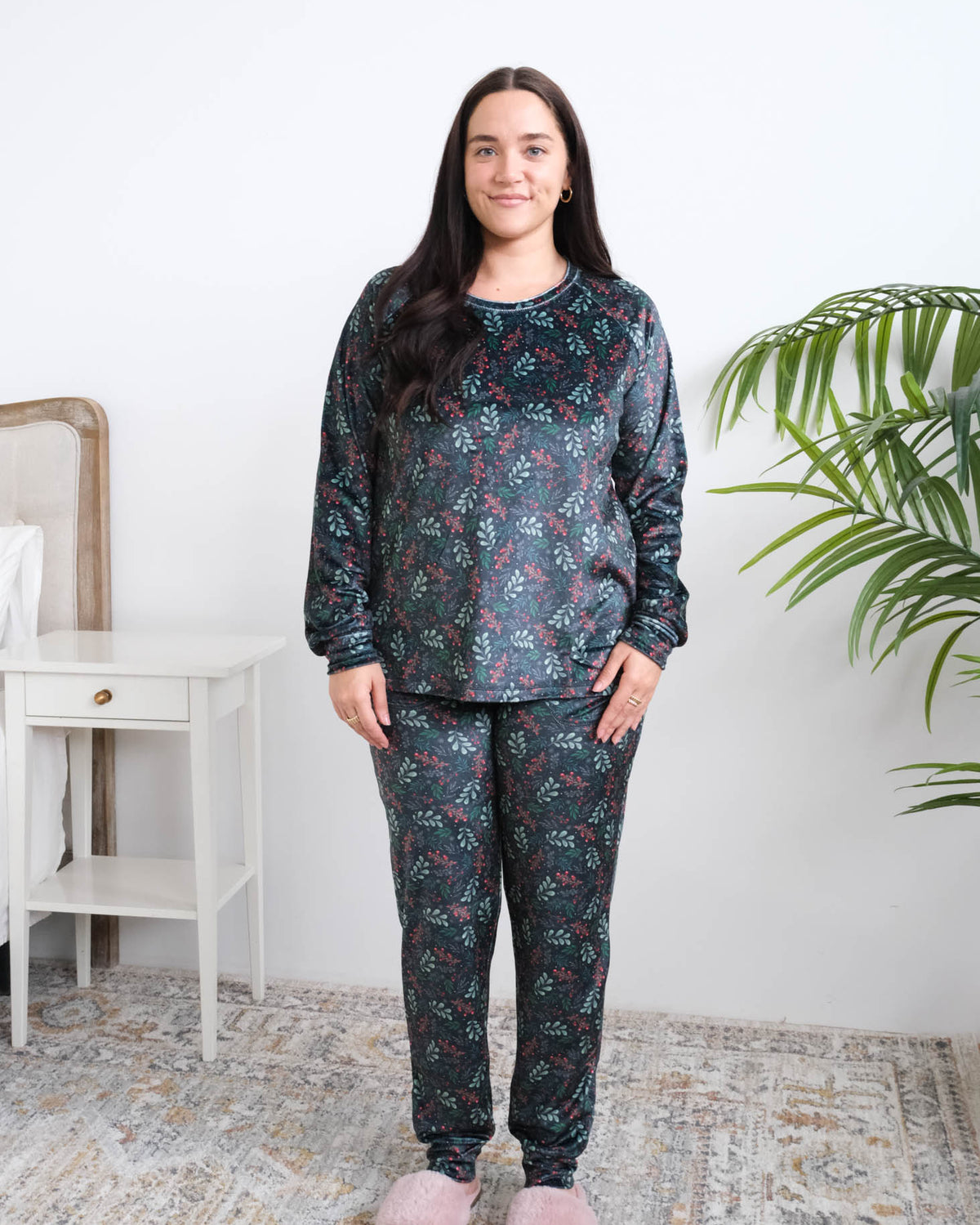 Miranda Nic Evergreen Dreams Velour PJ Set full length front view on model — Cloud Nine Pajamas Edmonton