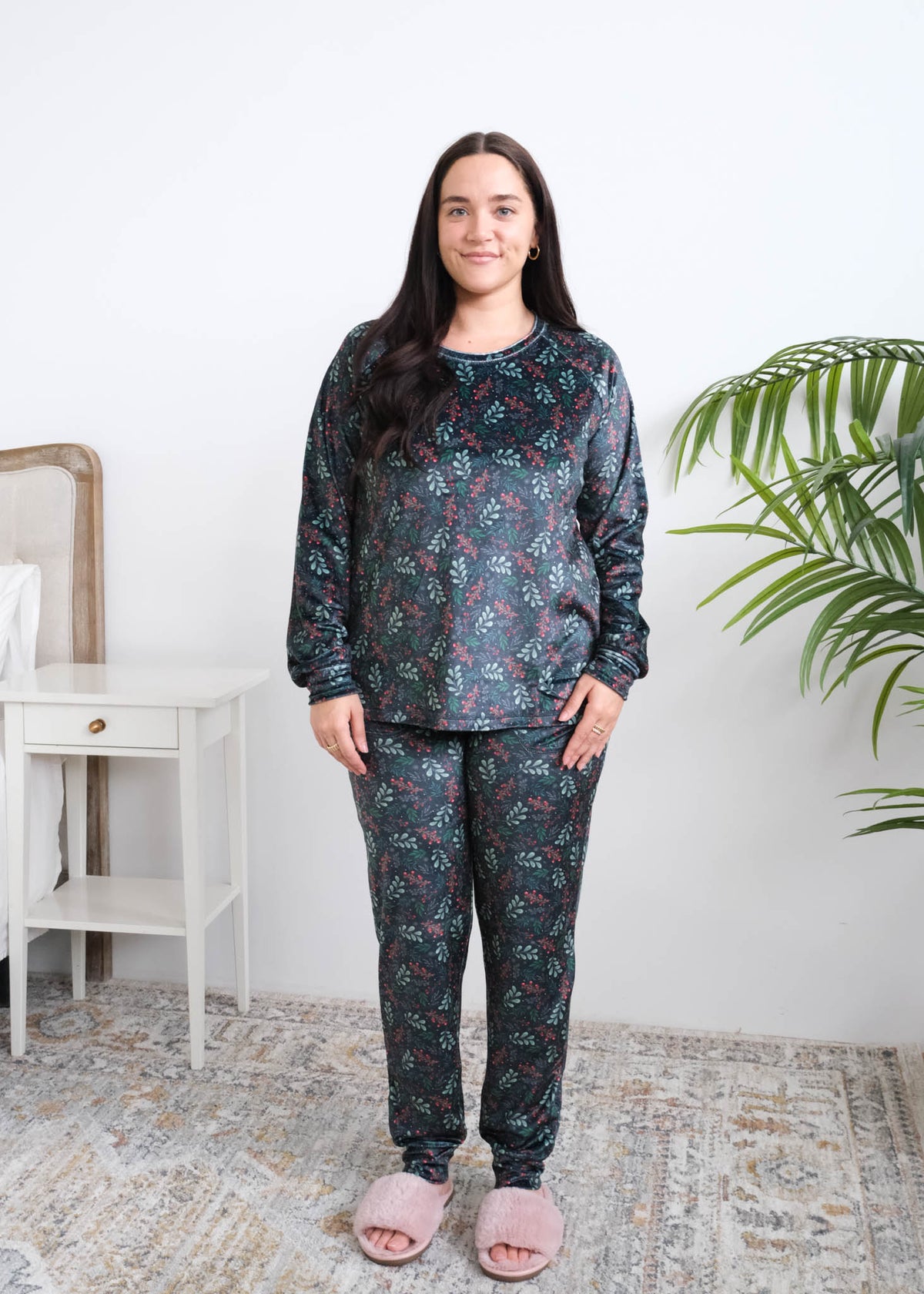 Miranda Nic Evergreen Dreams Velour PJ Set full length front view on model — Cloud Nine Pajamas Edmonton