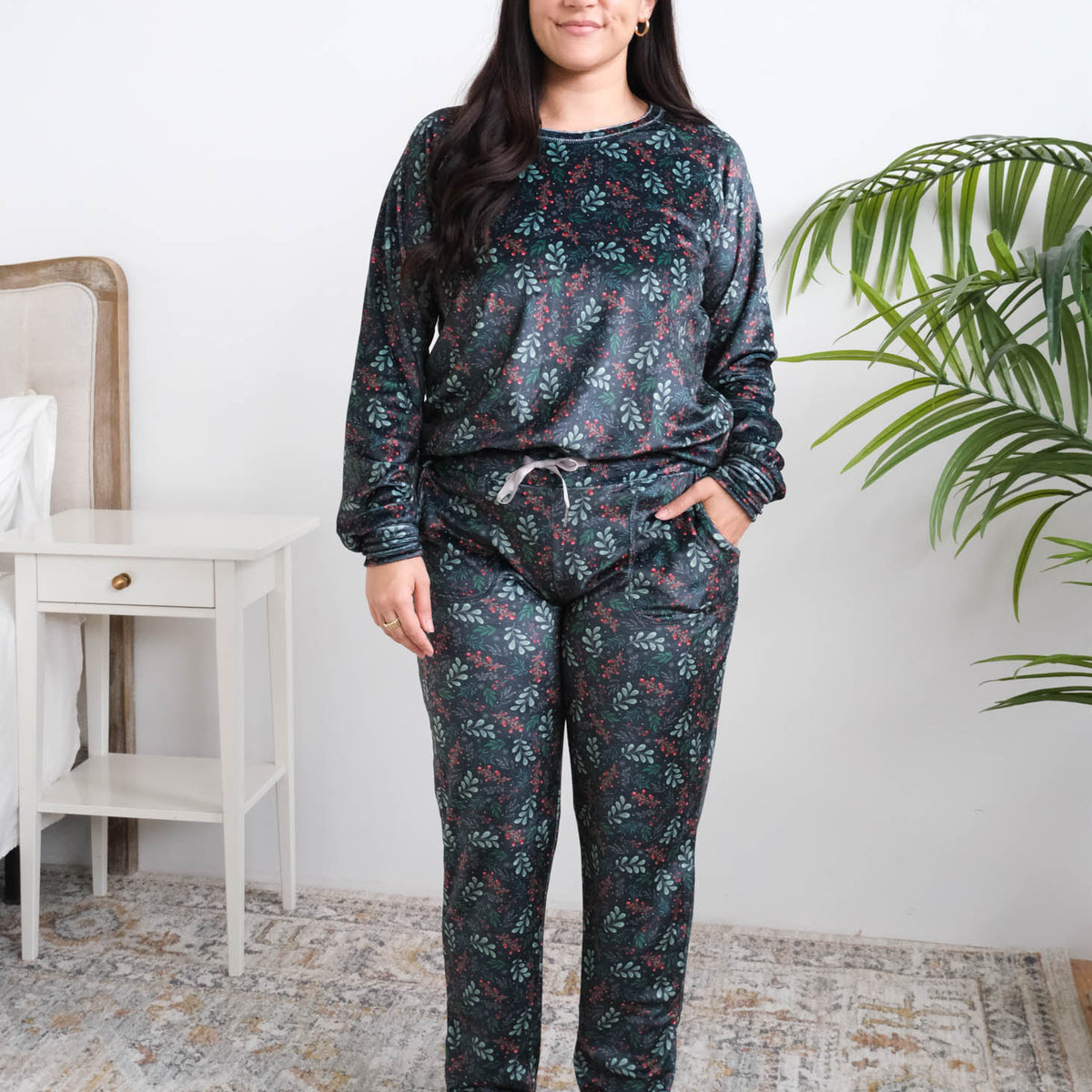 Miranda Nic Evergreen Dreams Velour PJ Set full length front view on model tucked in to show drawstring — Cloud Nine Pajamas Edmonton