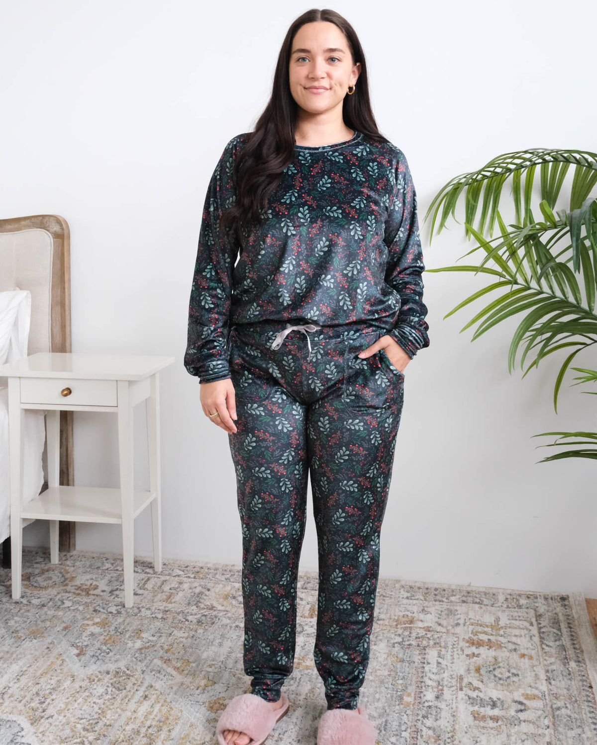 Miranda Nic Evergreen Dreams Velour PJ Set full length front view on model tucked in to show drawstring — Cloud Nine Pajamas Edmonton