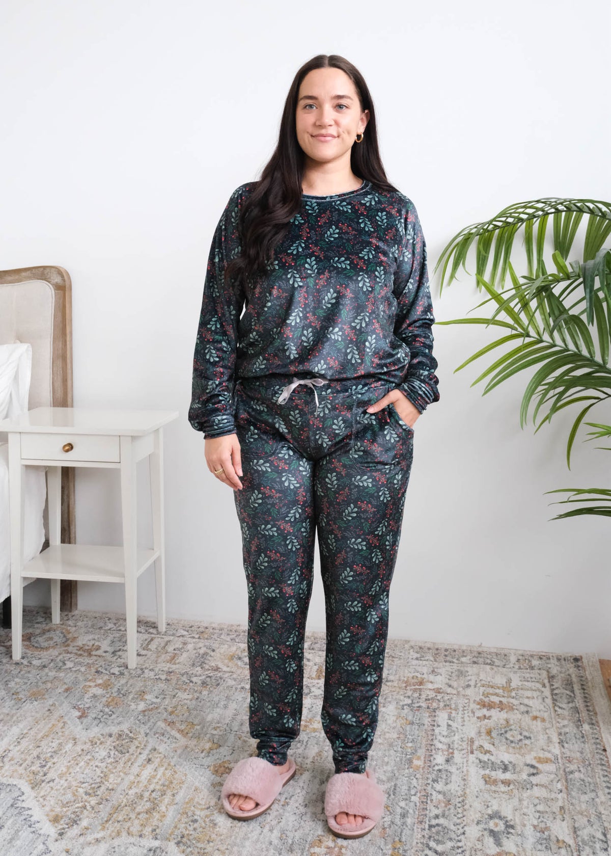 Miranda Nic Evergreen Dreams Velour PJ Set full length front view on model tucked in to show drawstring — Cloud Nine Pajamas Edmonton