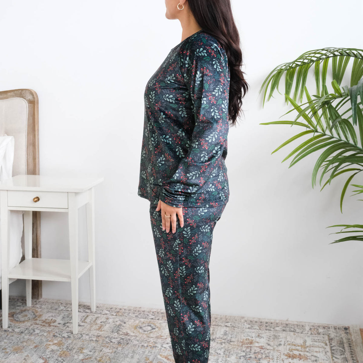 Miranda Nic Evergreen Dreams Velour PJ Set side view banded ankle jogger — Cloud Nine Pajamas Edmonton