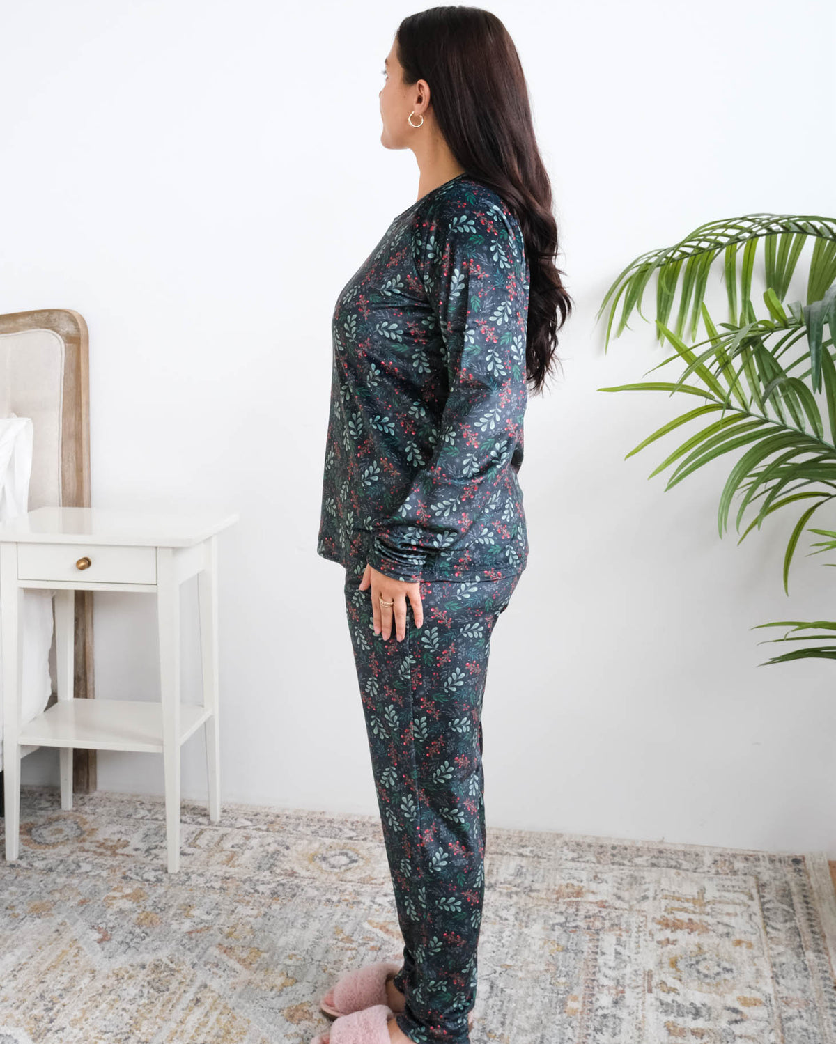 Miranda Nic Evergreen Dreams Velour PJ Set side view banded ankle jogger — Cloud Nine Pajamas Edmonton