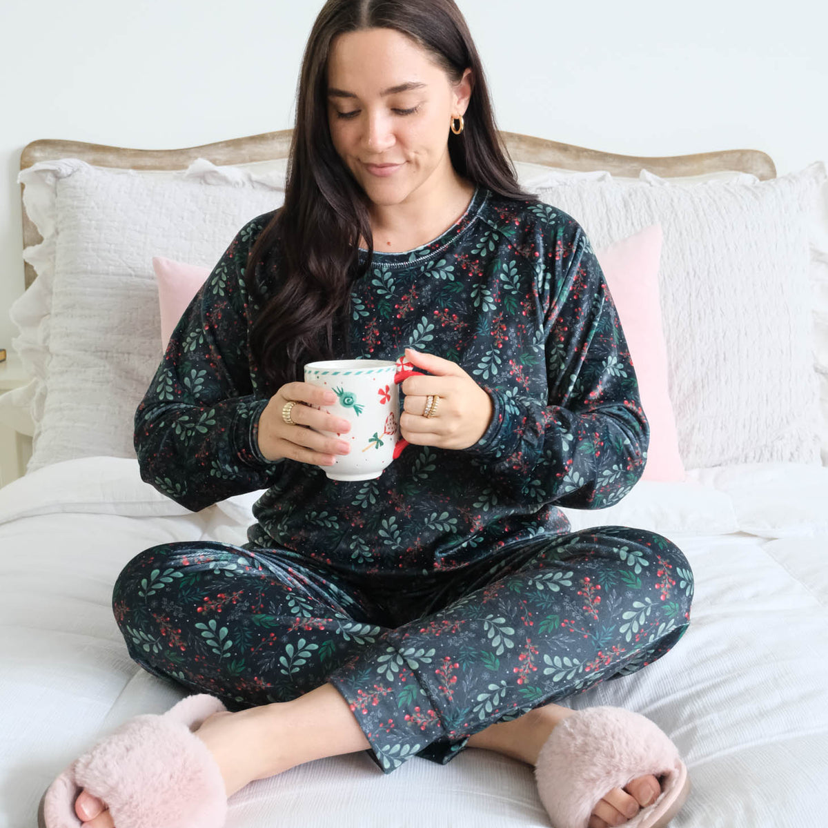 Miranda Nic Evergreen Dreams Velour PJ Set lifestyle seated model — Cloud Nine Pajamas Edmonton