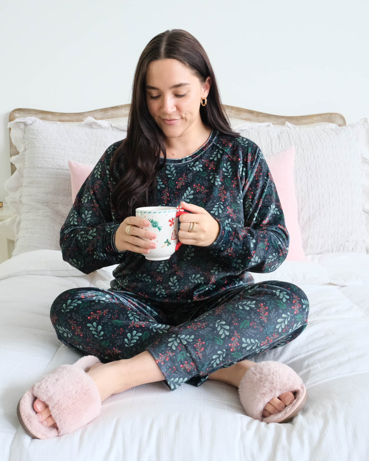 Miranda Nic Evergreen Dreams Velour PJ Set lifestyle seated model — Cloud Nine Pajamas Edmonton