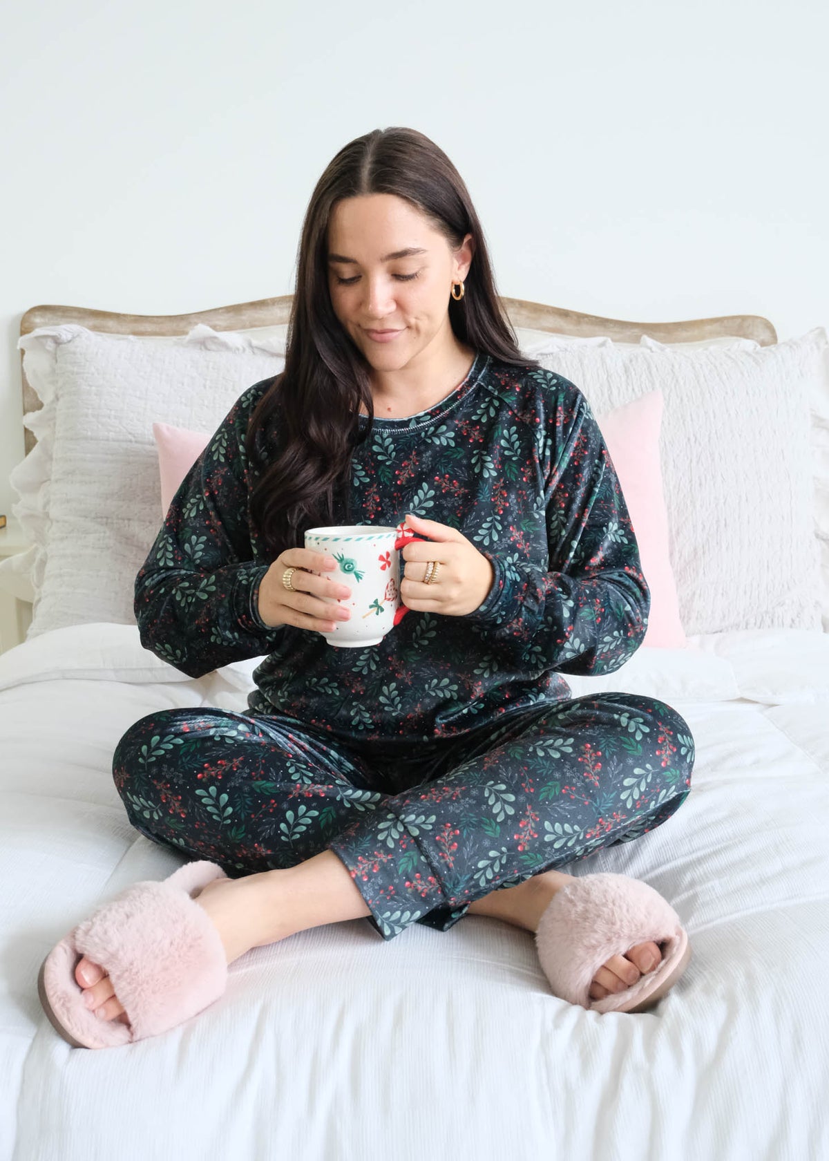 Miranda Nic Evergreen Dreams Velour PJ Set lifestyle seated model — Cloud Nine Pajamas Edmonton