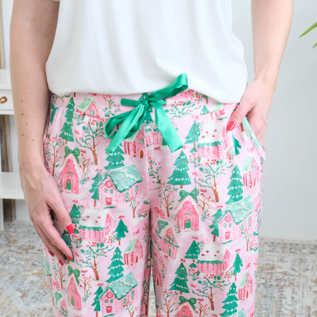 Miranda Nic Sugar Plum Dreams Velour Pant satin drawstring waistband detail — Cloud Nine Pajamas Edmonton