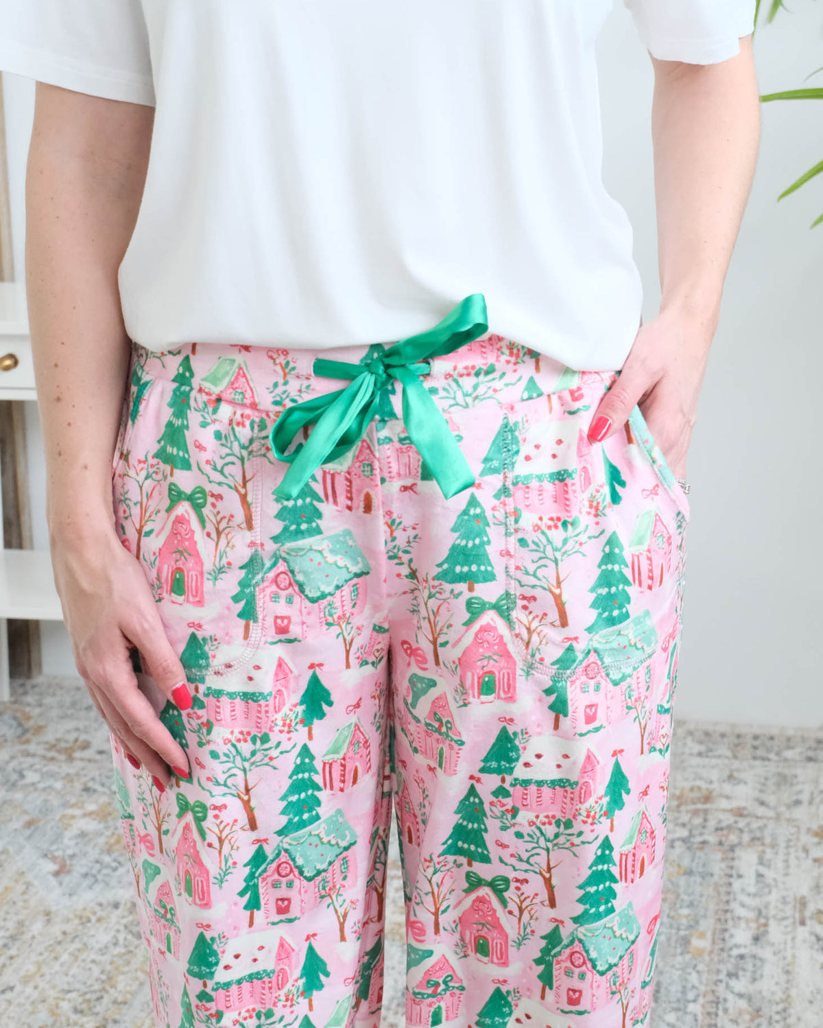 Miranda Nic Sugar Plum Dreams Velour Pant satin drawstring waistband detail — Cloud Nine Pajamas Edmonton