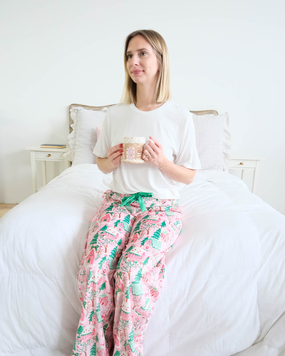 Miranda Nic Sugar Plum Dreams Velour Straight-Leg Pant separates lifestyle front view seated — Cloud Nine Pajamas Edmonton