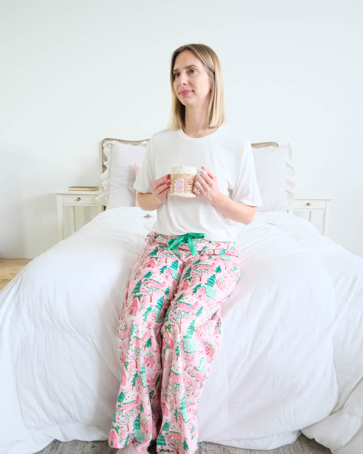 Miranda Nic Sugar Plum Dreams Velour Straight-Leg Pant separates lifestyle front view seated floor length — Cloud Nine Pajamas Edmonton