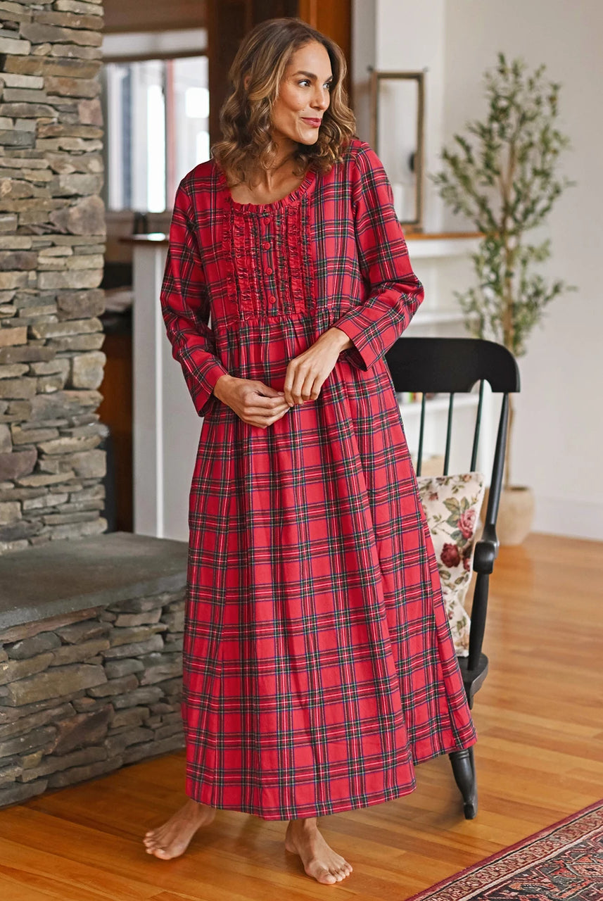 April Cornell Fireside Red Plaid Flannel Nightgown front view on model — Cloud Nine Pajamas Edmonton