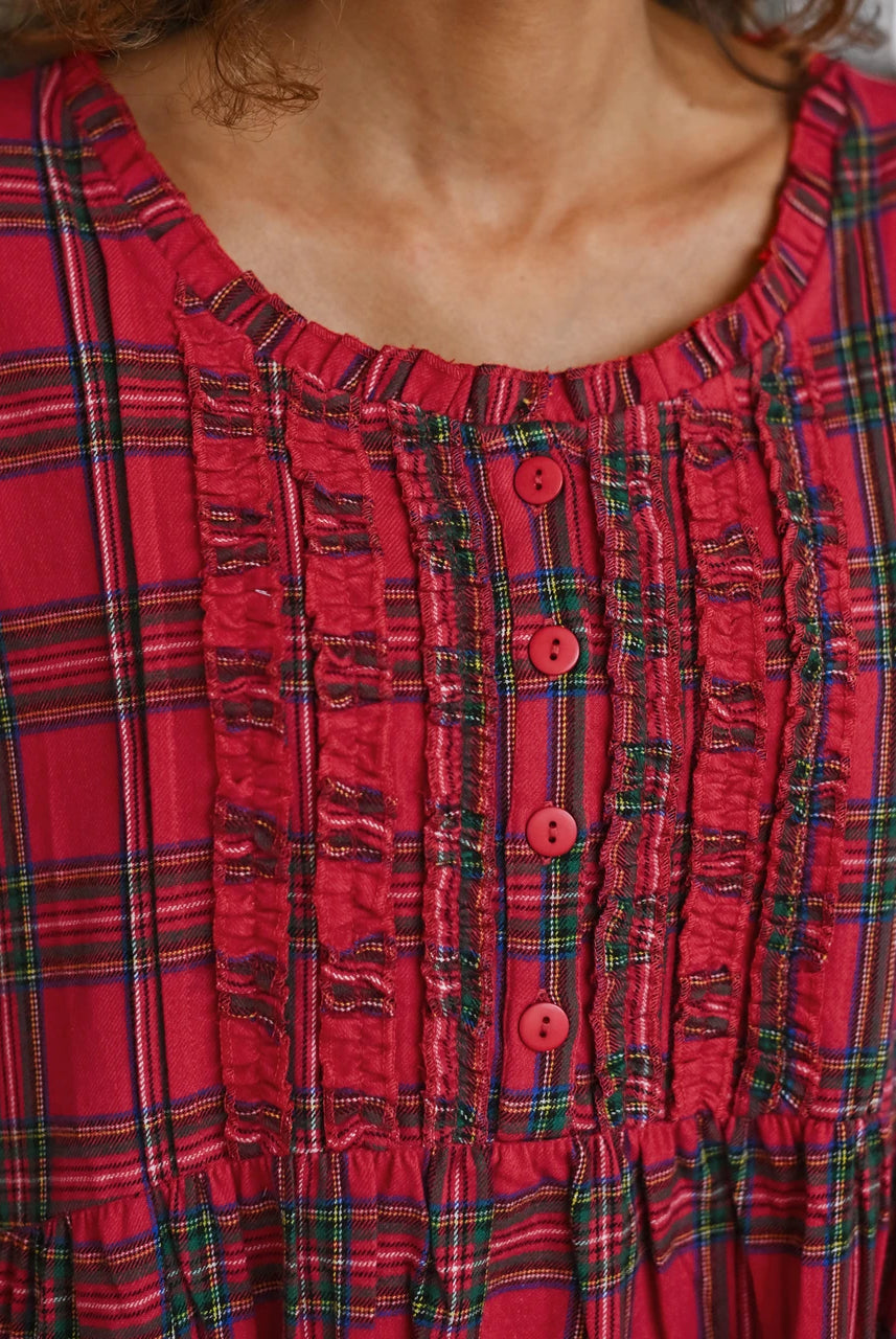 April Cornell Fireside Nightgown ruffled neckline chalk button bodice detail — Cloud Nine Pajamas