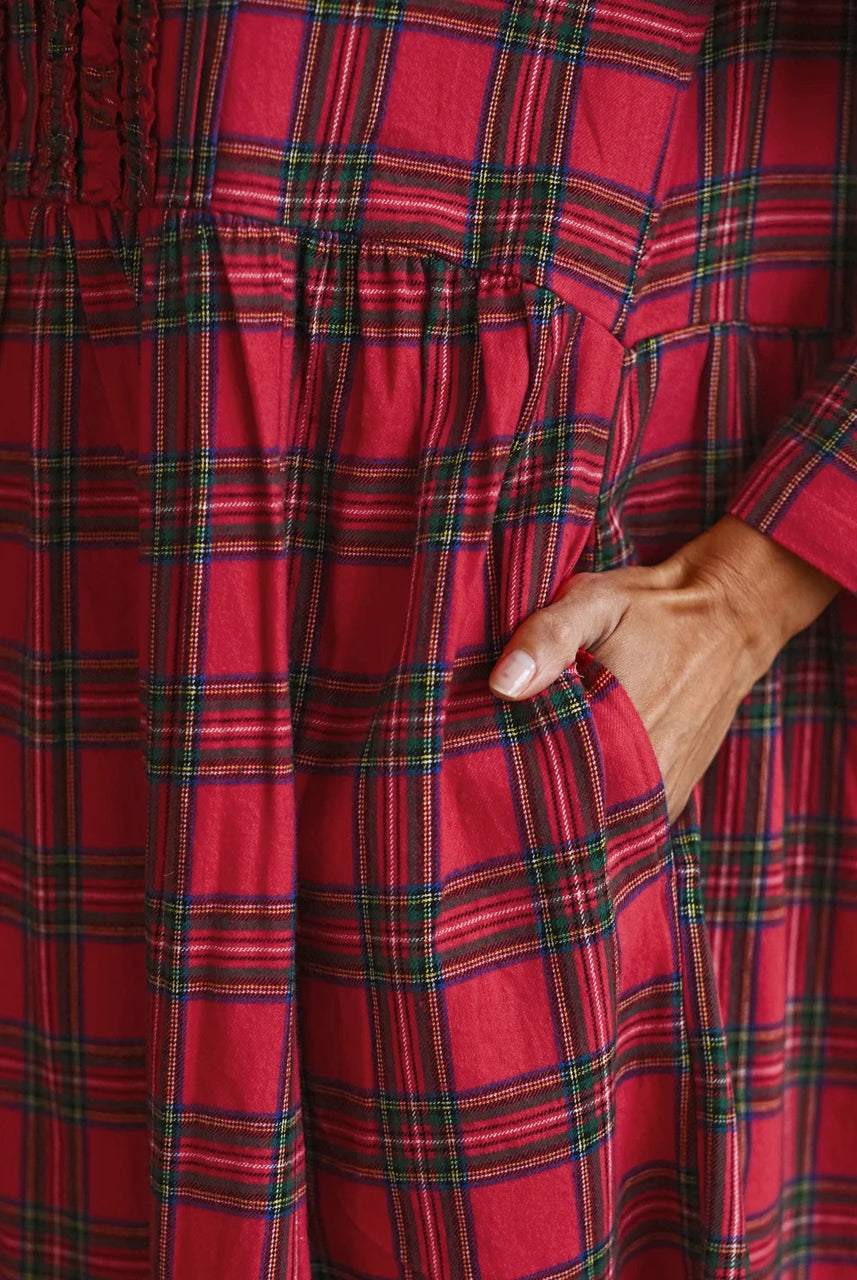 April Cornell Fireside Red Plaid Nightgown model showing slit pockets and closeup of bodice view — Cloud Nine Pajamas