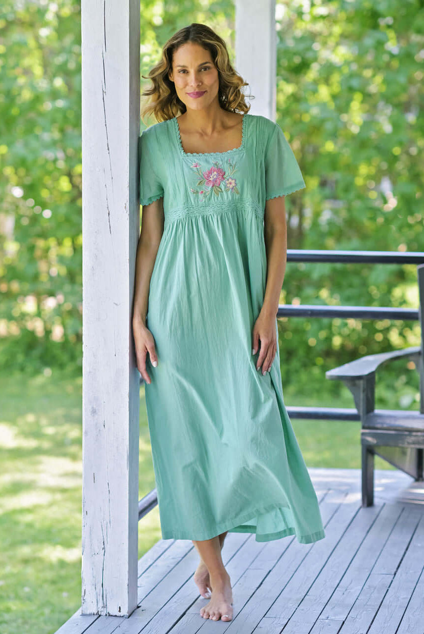 April Cornell Island Flower Cotton Short Sleeve Nightgown – Embroidered Soft Teal Sleeveless Nighty