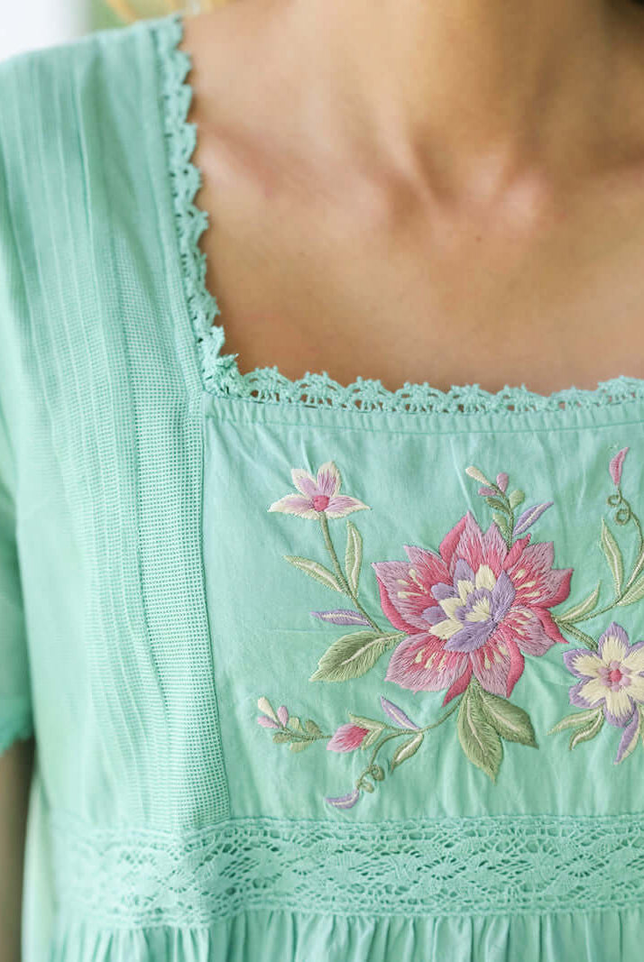 April Cornell Island Flower Cotton Short Sleeve Nightgown – Embroidered Soft Teal Sleeveless Nightyshowing close up of embroidery details