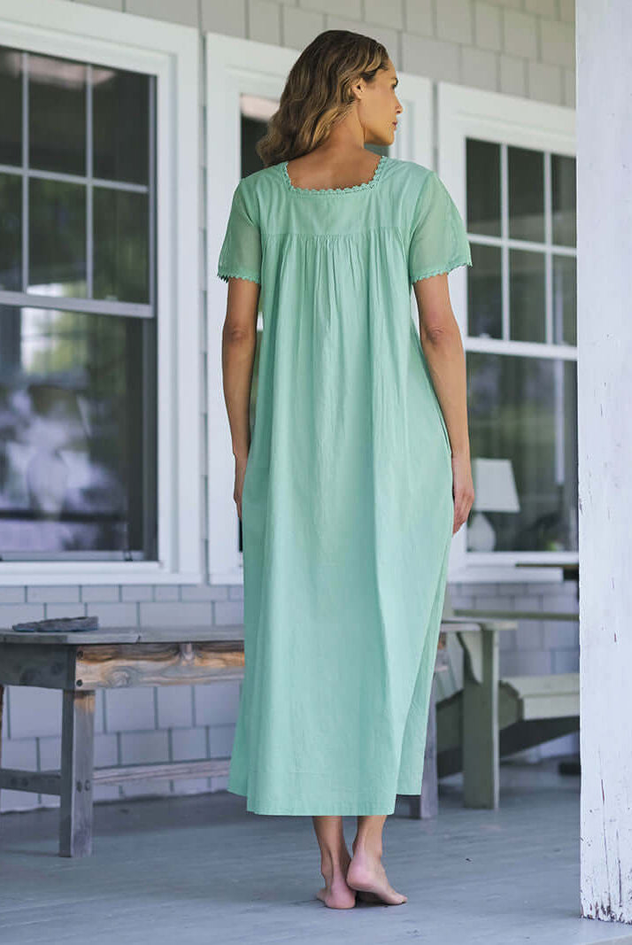 April Cornell Island Flower Cotton Short Sleeve Nightgown – Embroidered Soft Teal Sleeveless Nighty showing back view