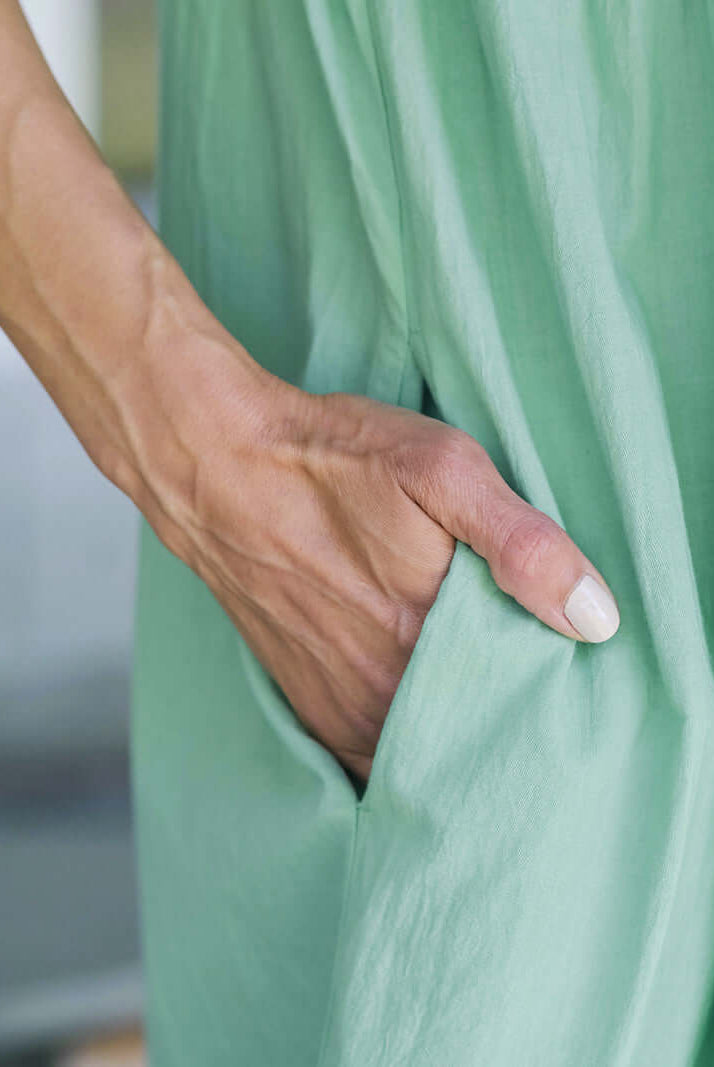 April Cornell Island Flower Cotton Short Sleeve Nightgown – Embroidered Soft Teal Sleeveless Nighty showing side slit pockets