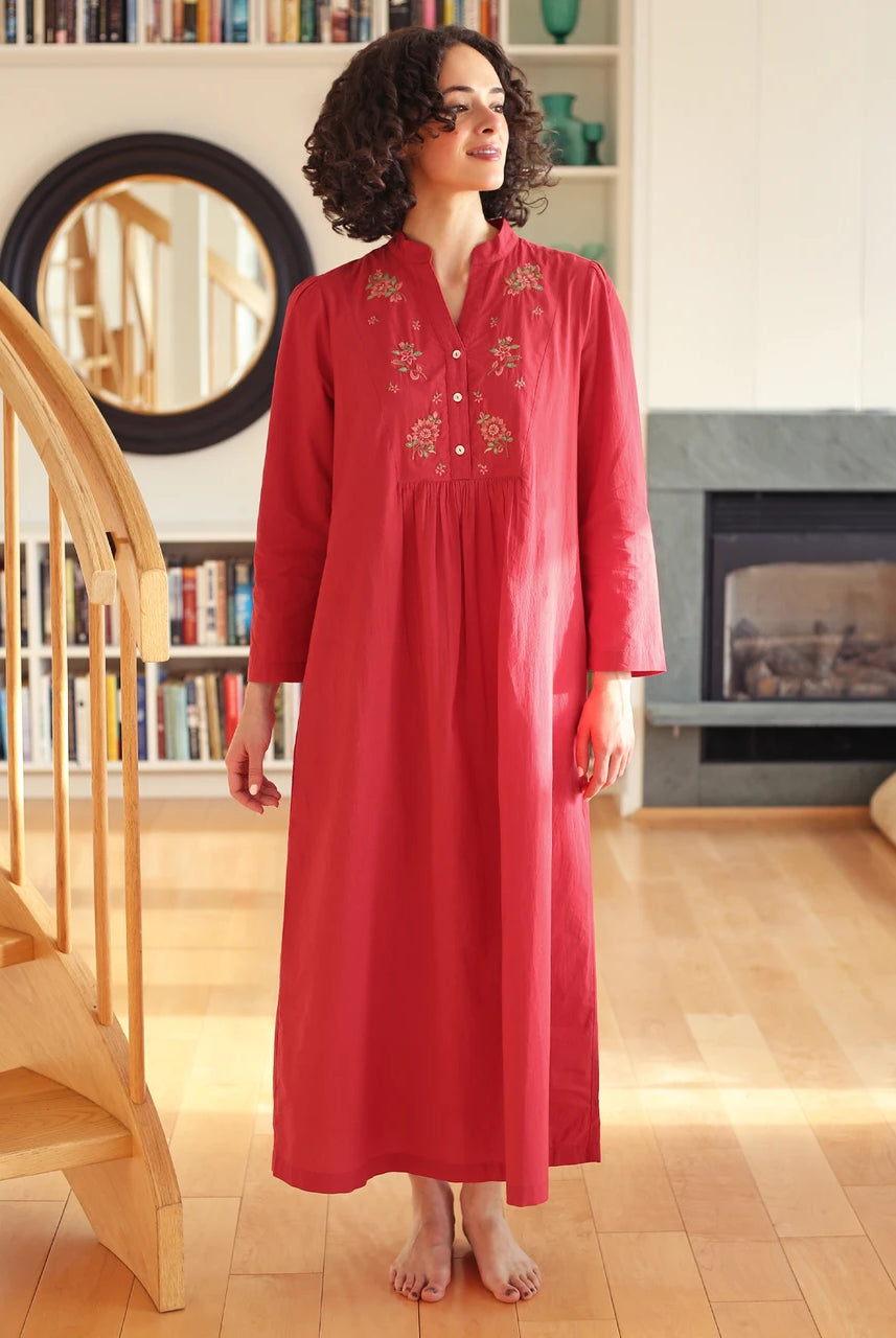 April Cornell Merriment Red Long Cotton Nightgown front view on model — Cloud Nine Pajamas Edmonton