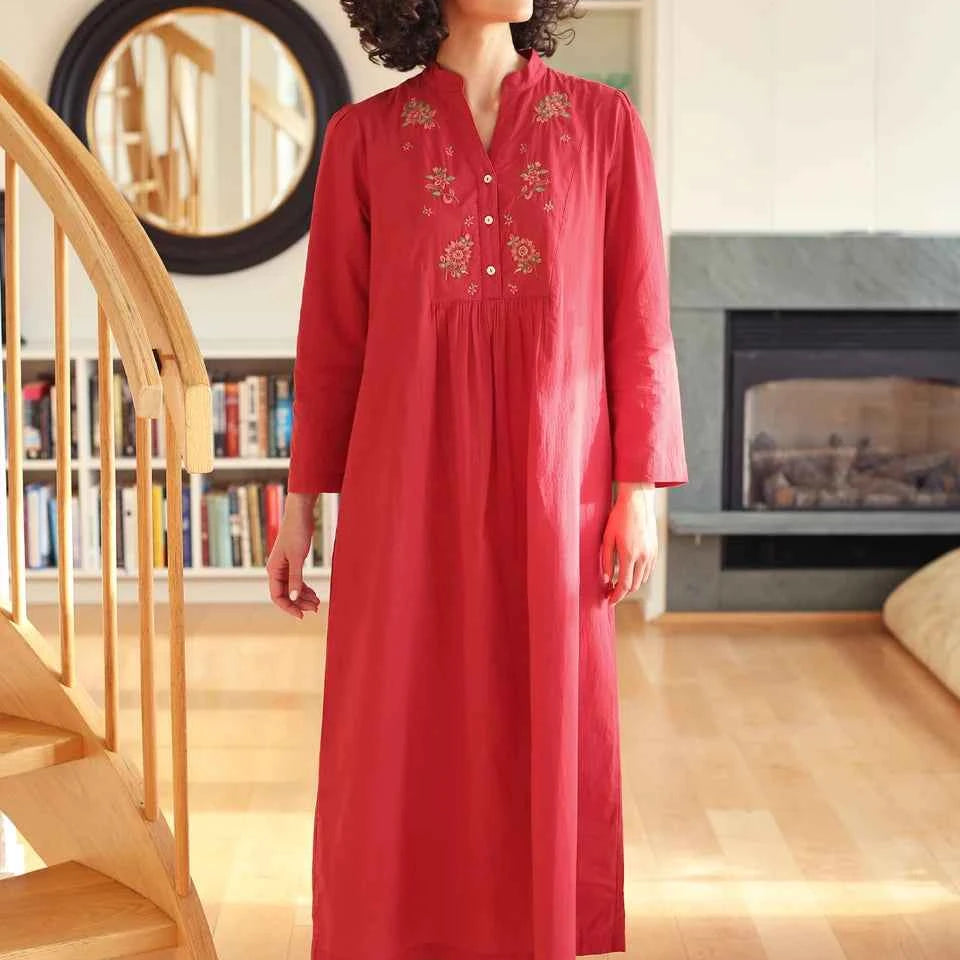 Long Cotton Nightgown Merriment Red