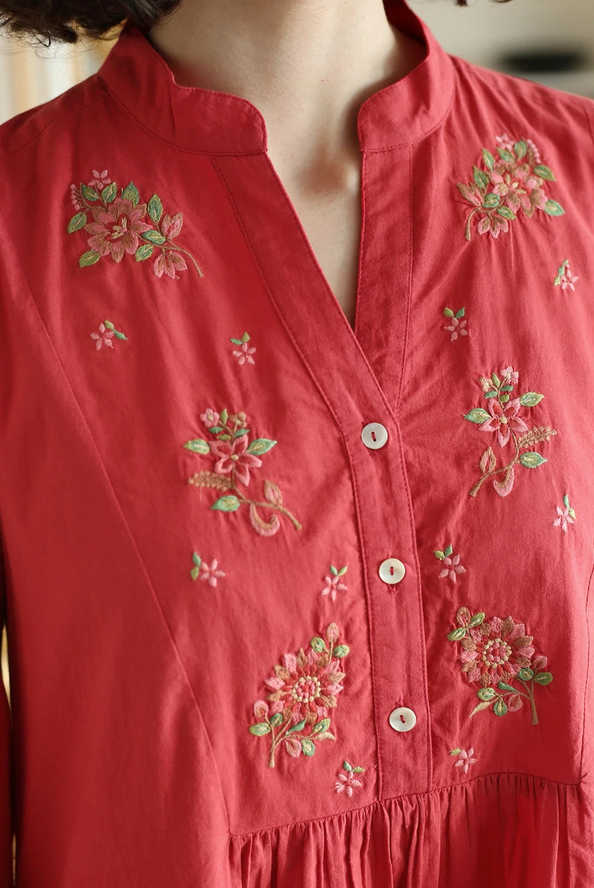 April Cornell Merriment Nightgown hand-guided embroidered florets bodice detail — Cloud Nine Pajamas