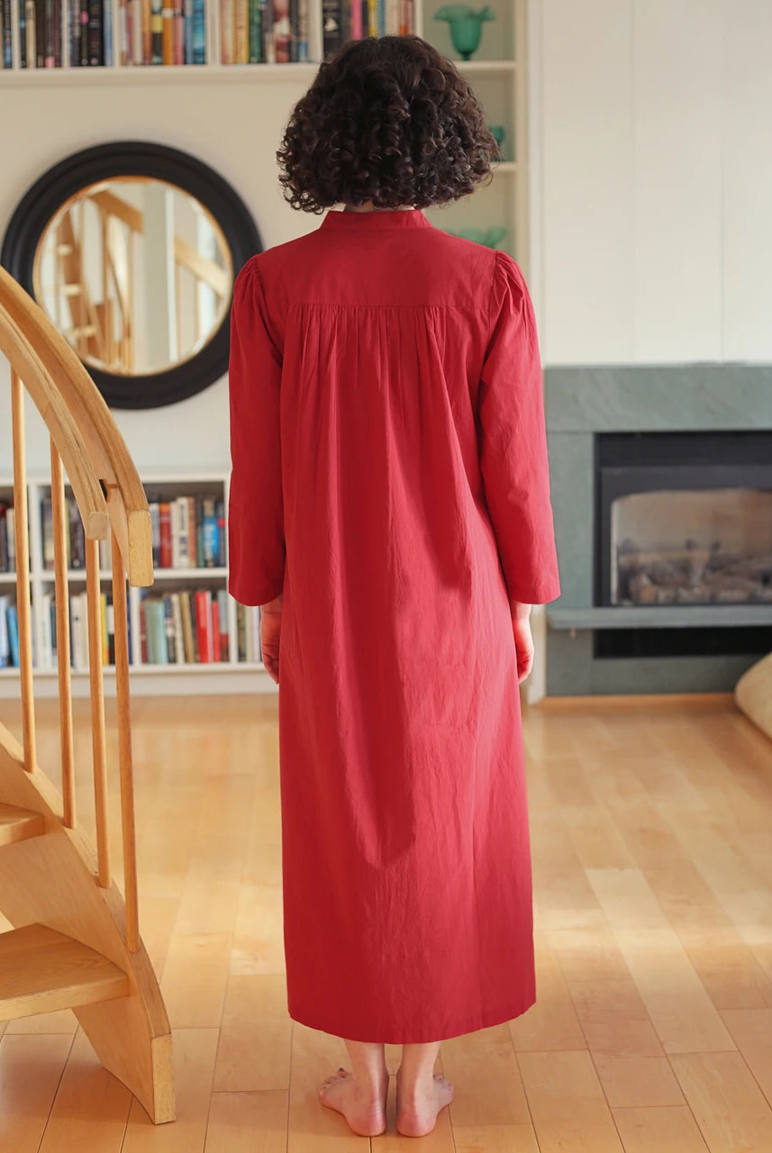 April Cornell Merriment Red Long Cotton Nightgown full length model back view — Cloud Nine Pajamas Edmonton