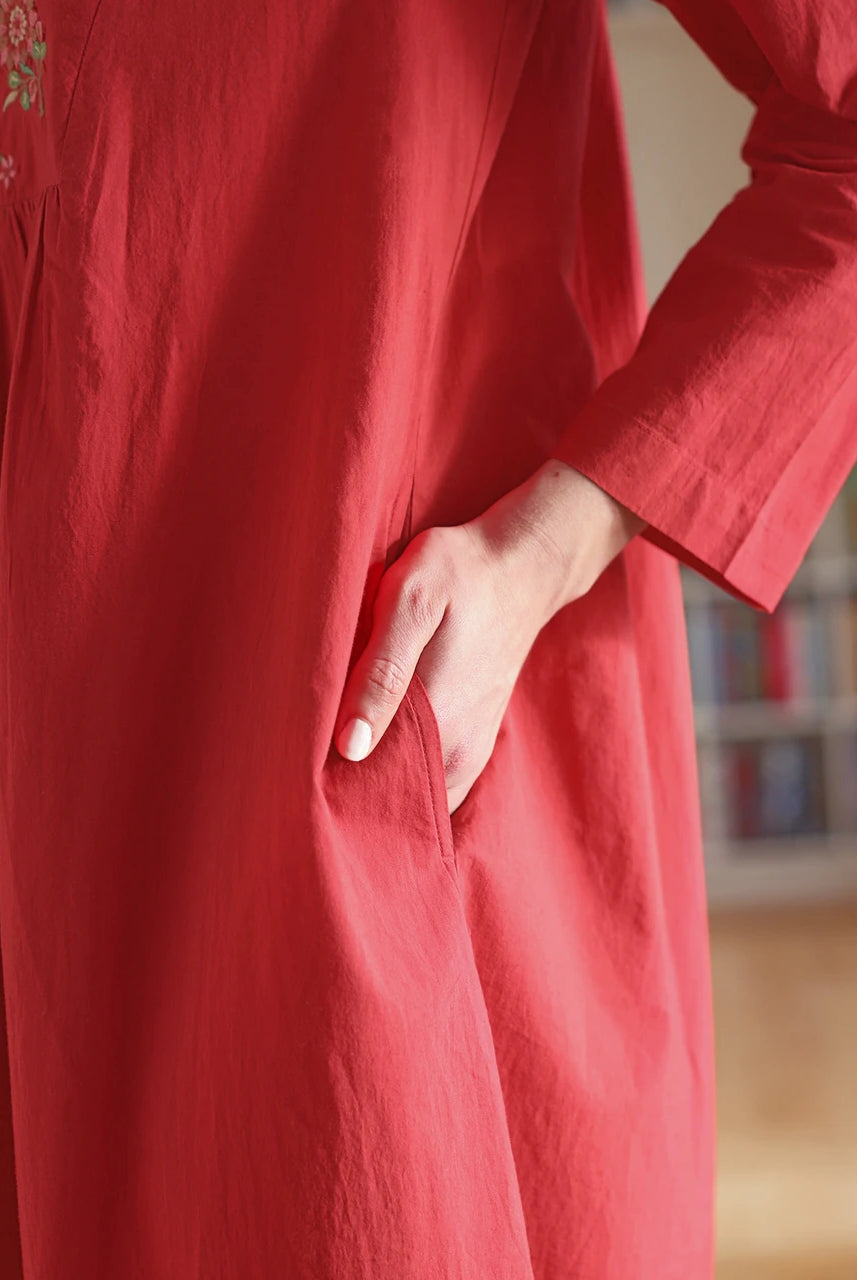 April Cornell Merriment Red Nightgown slit pocket detail — Cloud Nine Pajamas