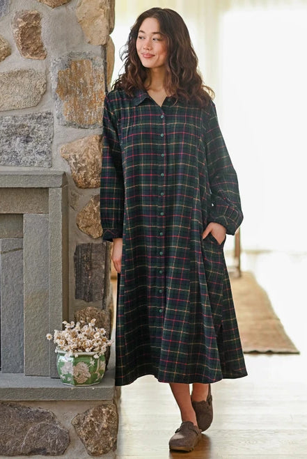 April Cornell Saratoga Blue Plaid Long Flannel Nightgown front view on model — Cloud Nine Pajamas Edmonton