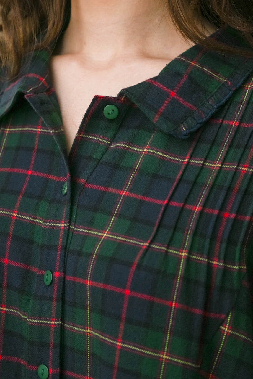 April Cornell Saratoga Nightgown blue-green plaid bodice pintuck pleat detail — Cloud Nine Pajamas