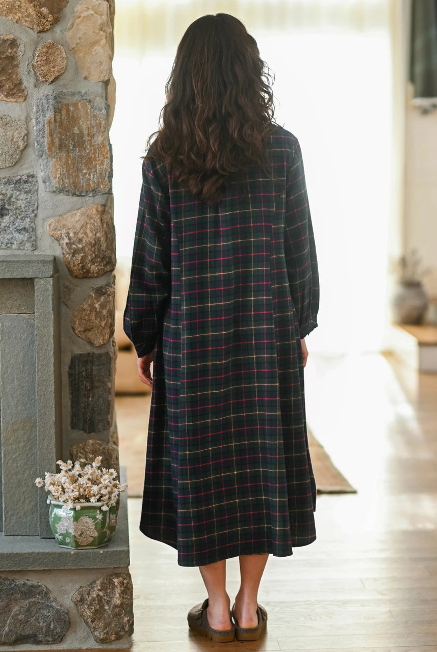 April Cornell Saratoga Blue Plaid Nightgown full length model back view — Cloud Nine Pajamas Edmonton