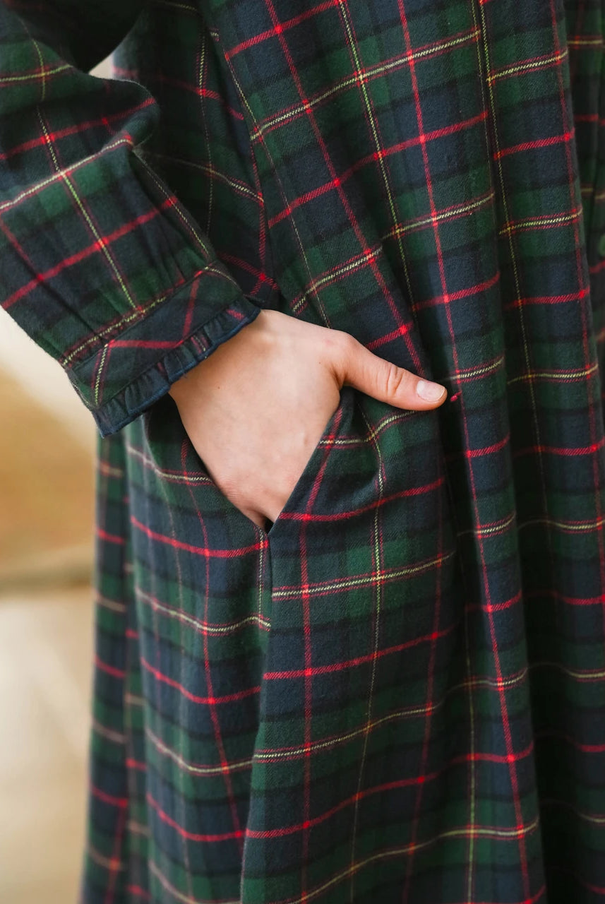 April Cornell Saratoga Nightgown blue-green plaid pocket and sleeve detail — Cloud Nine Pajamas
