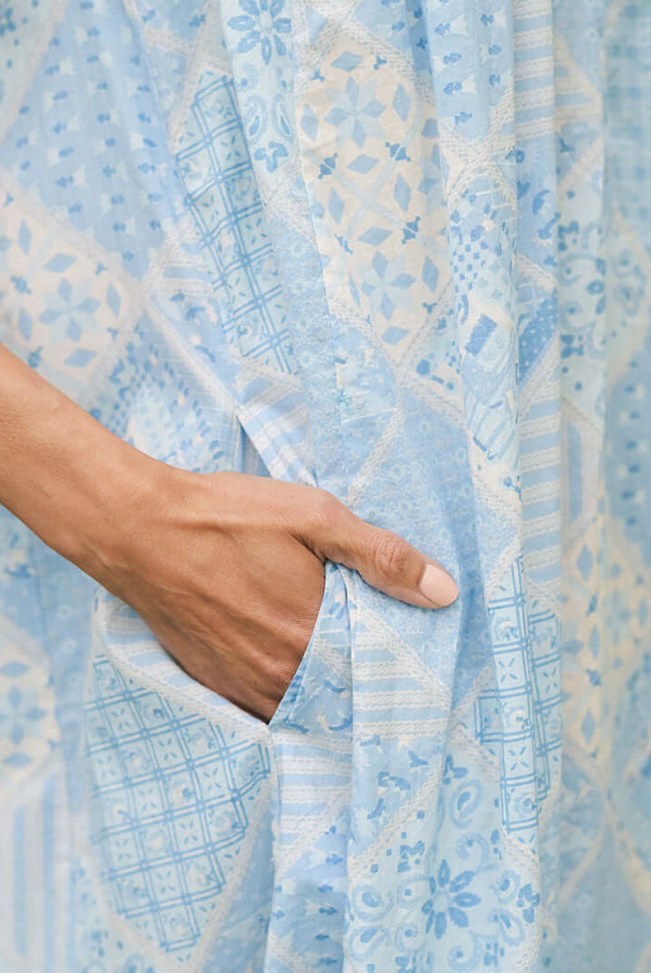 April Cornell Maddie’s Medley Cotton Nightgown – Embroidered Light Blue Sleeveless Nighty with Button Front. close up showing the side slit pockets