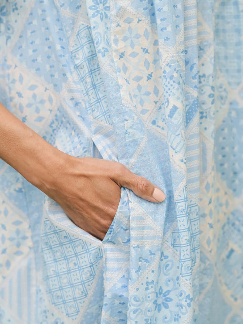 April Cornell Maddie’s Medley Cotton Nightgown – Embroidered Light Blue Sleeveless Nighty with Button Front. close up showing the side slit pockets