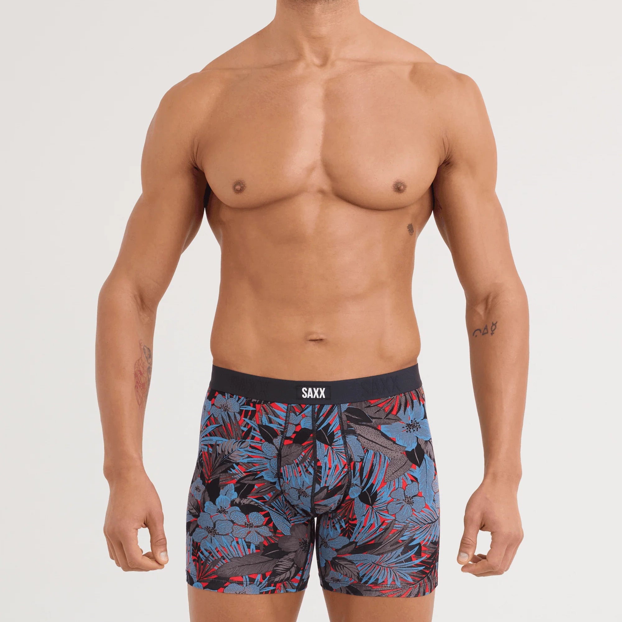SAXX Vibe Xtra Soft Comfort Boxer Brief Night Garden floral print front on model — Cloud Nine Pajamas Edmonton