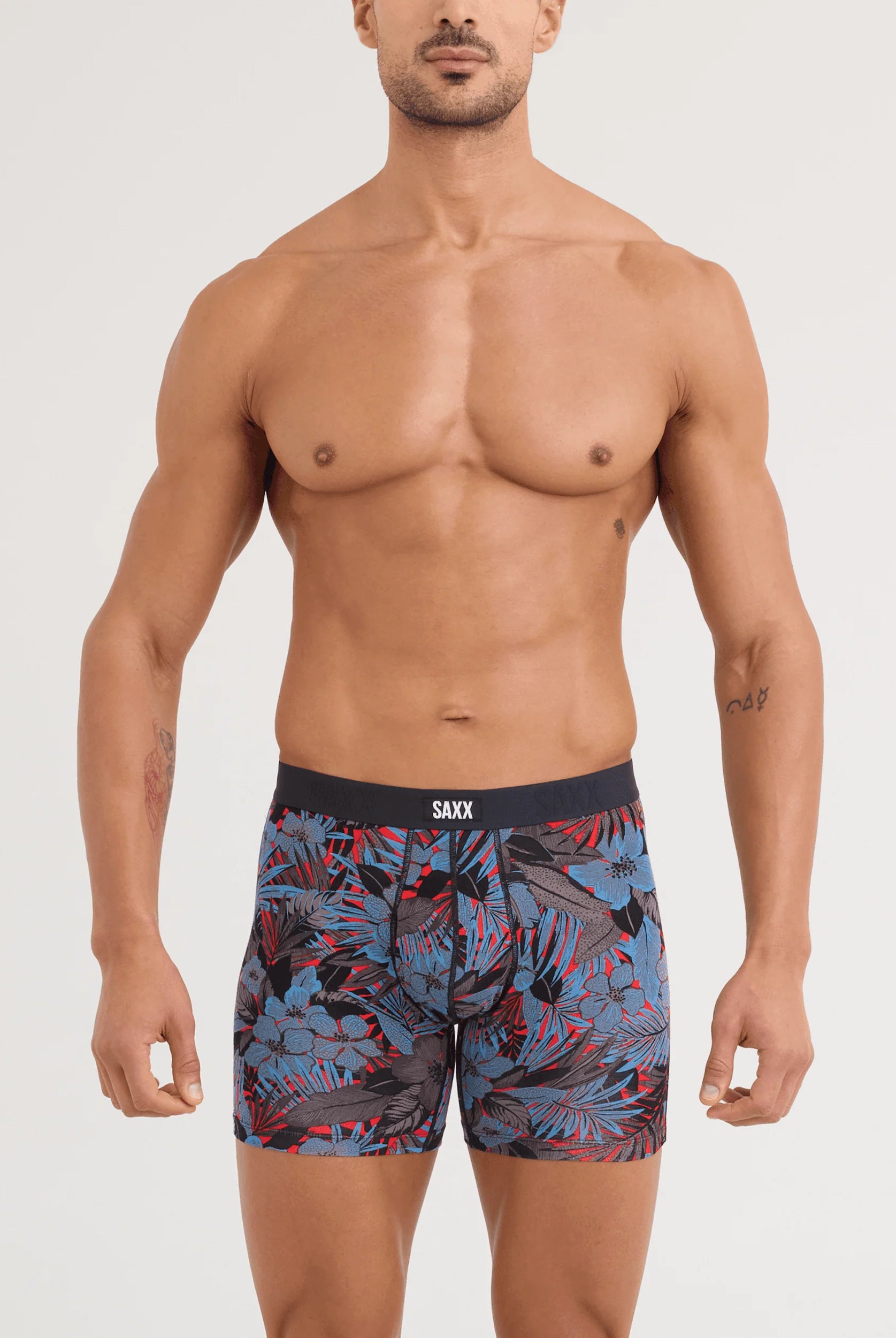 SAXX Vibe Xtra Soft Comfort Boxer Brief Night Garden floral print front on model — Cloud Nine Pajamas Edmonton