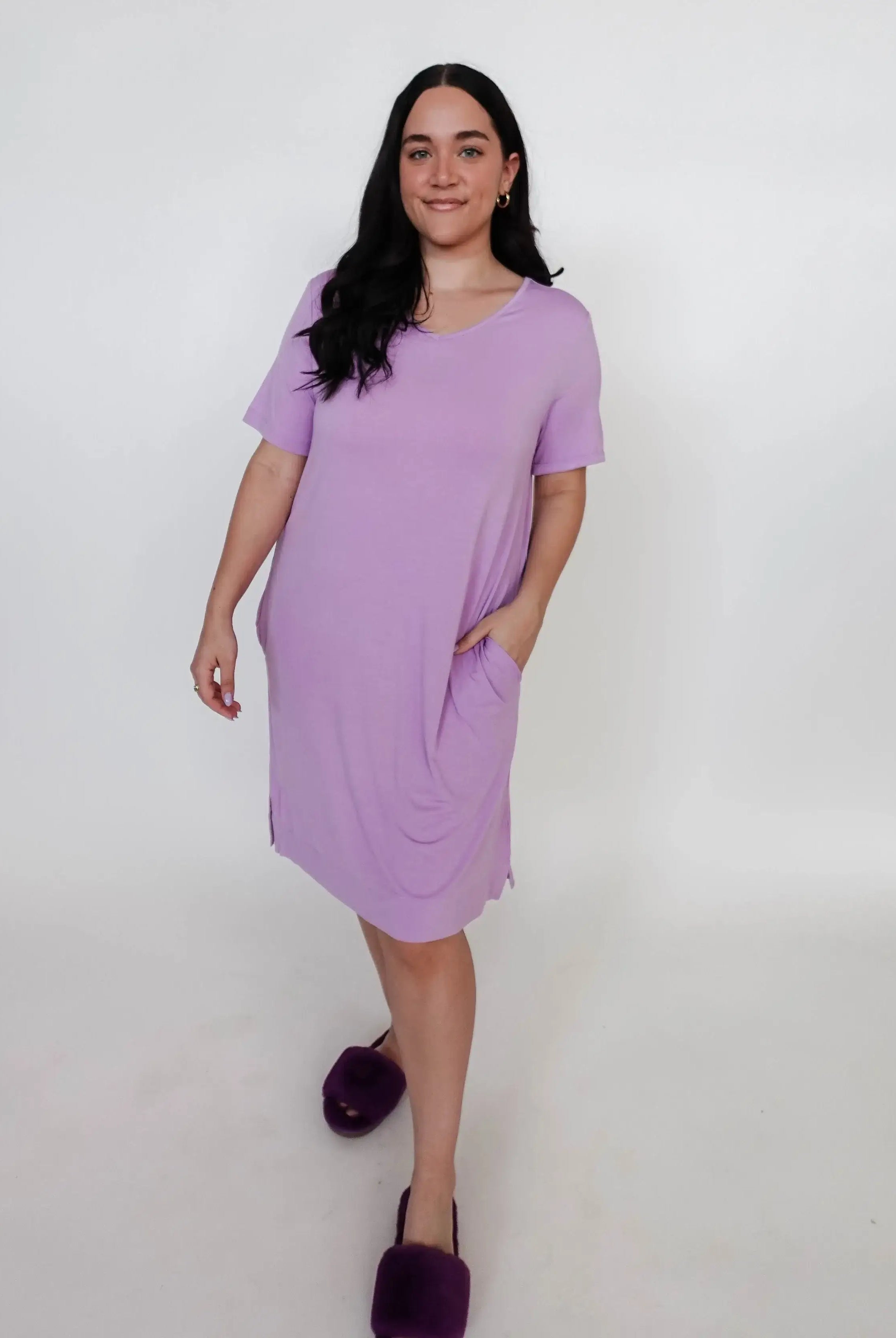 Nightshirt V Neck With Pockets - Bamboo | Lilac