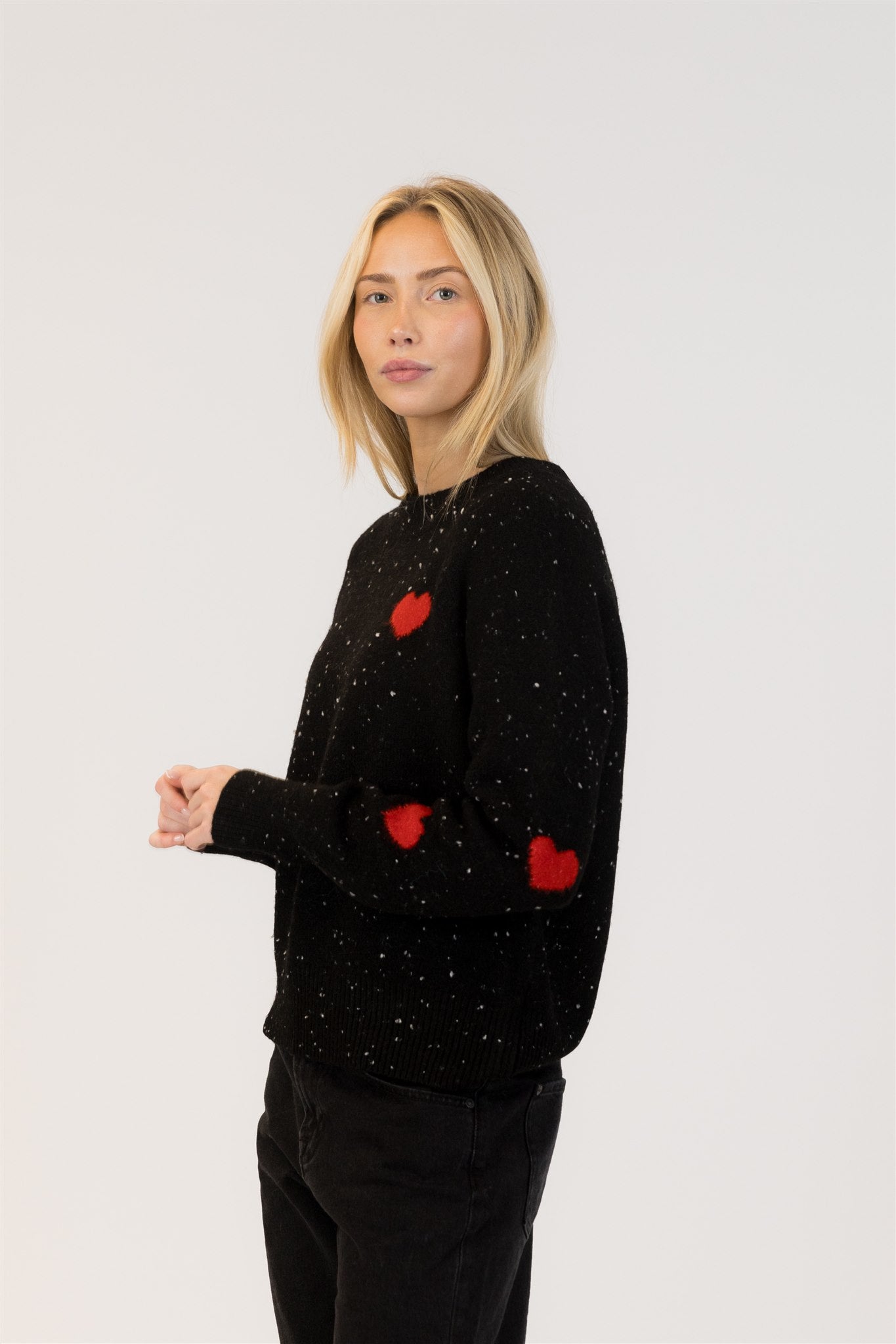 women's fall pullover sweater black with red heart detail lyla + luxe