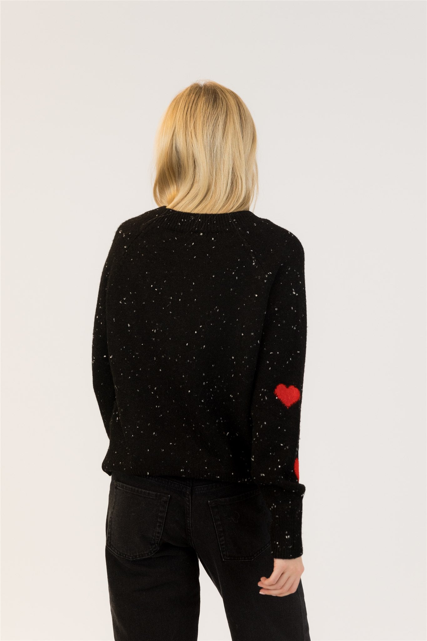 women's fall pullover sweater black with red heart detail lyla + luxe