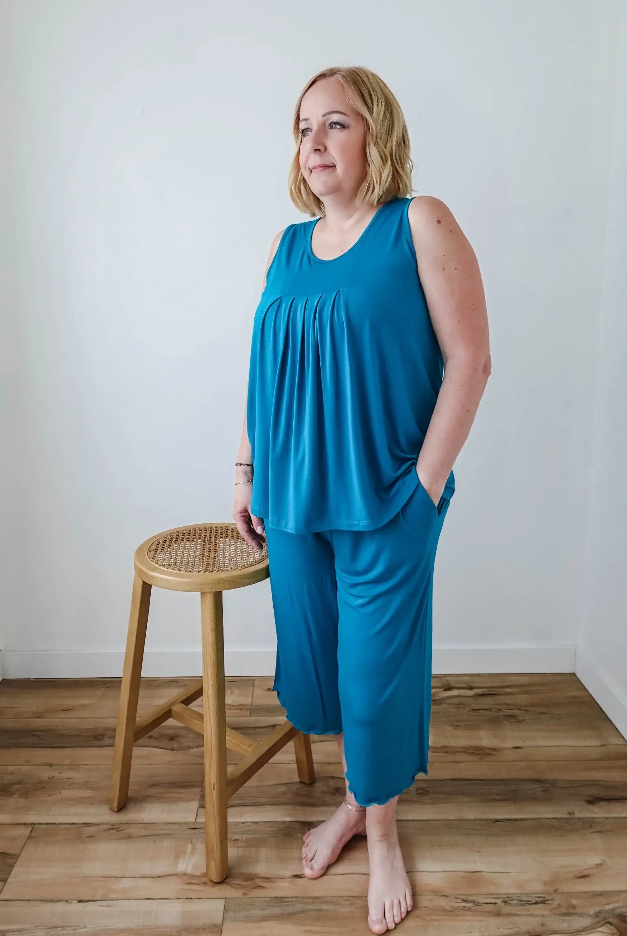 🌊 PJ Tank Pleated/Flutter Capri | Cyan Teal 🌊-Georgia Rylan-Cloud Nine Pajamas