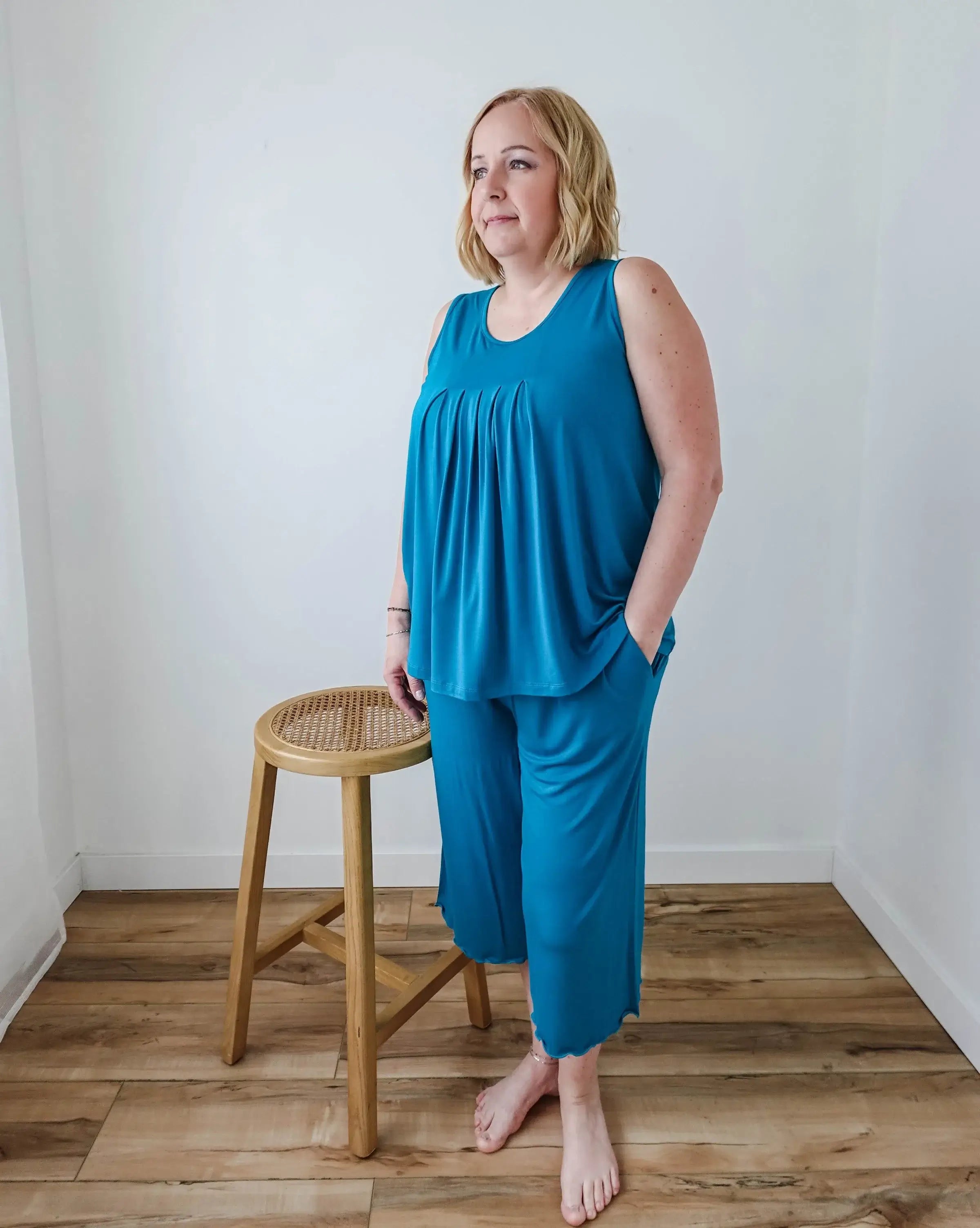 π PJ Tank Pleated/Flutter Capri | Cyan Teal π-Georgia Rylan-Cloud Nine Pajamas