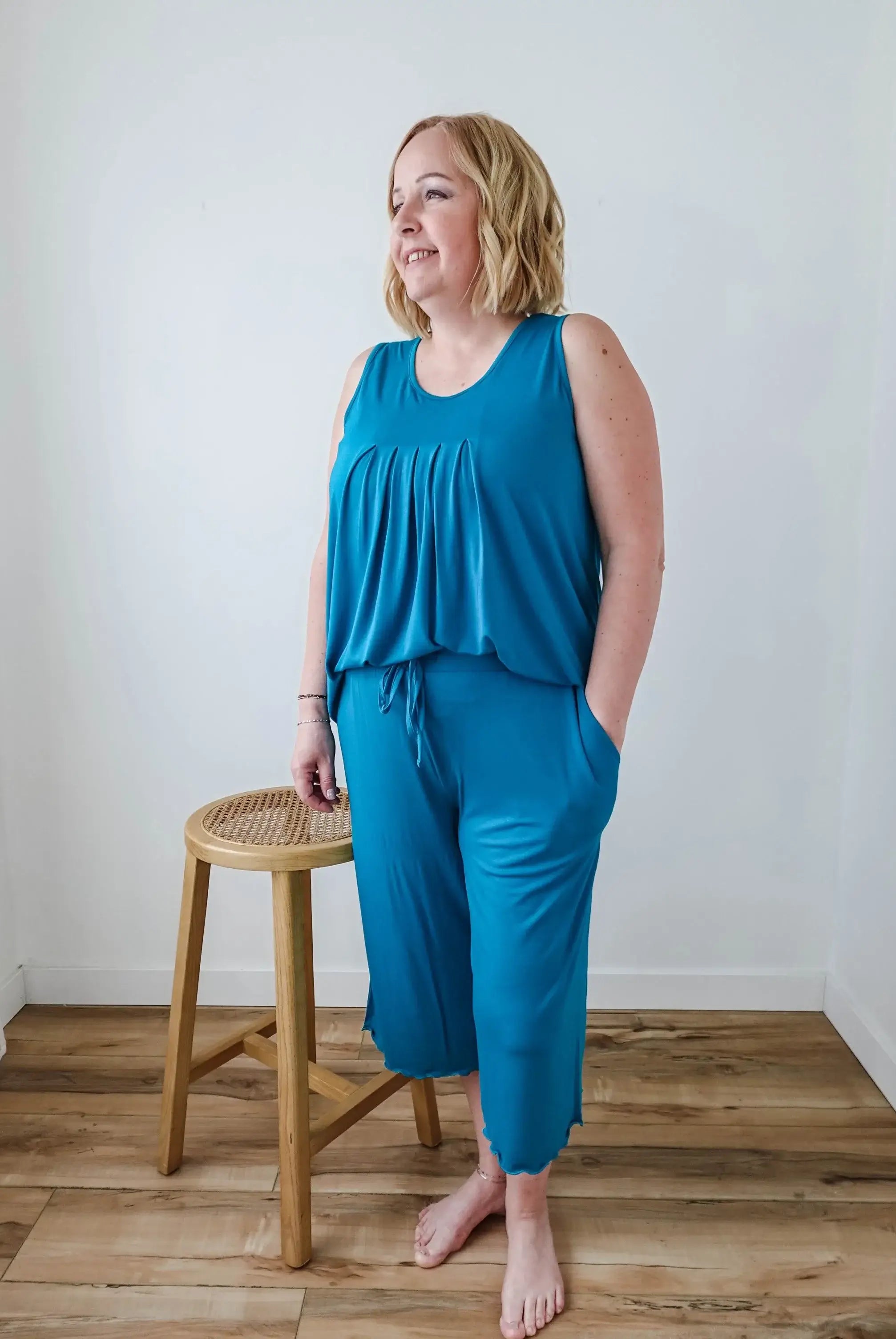 🌊 PJ Tank Pleated/Flutter Capri | Cyan Teal 🌊-Georgia Rylan-Cloud Nine Pajamas